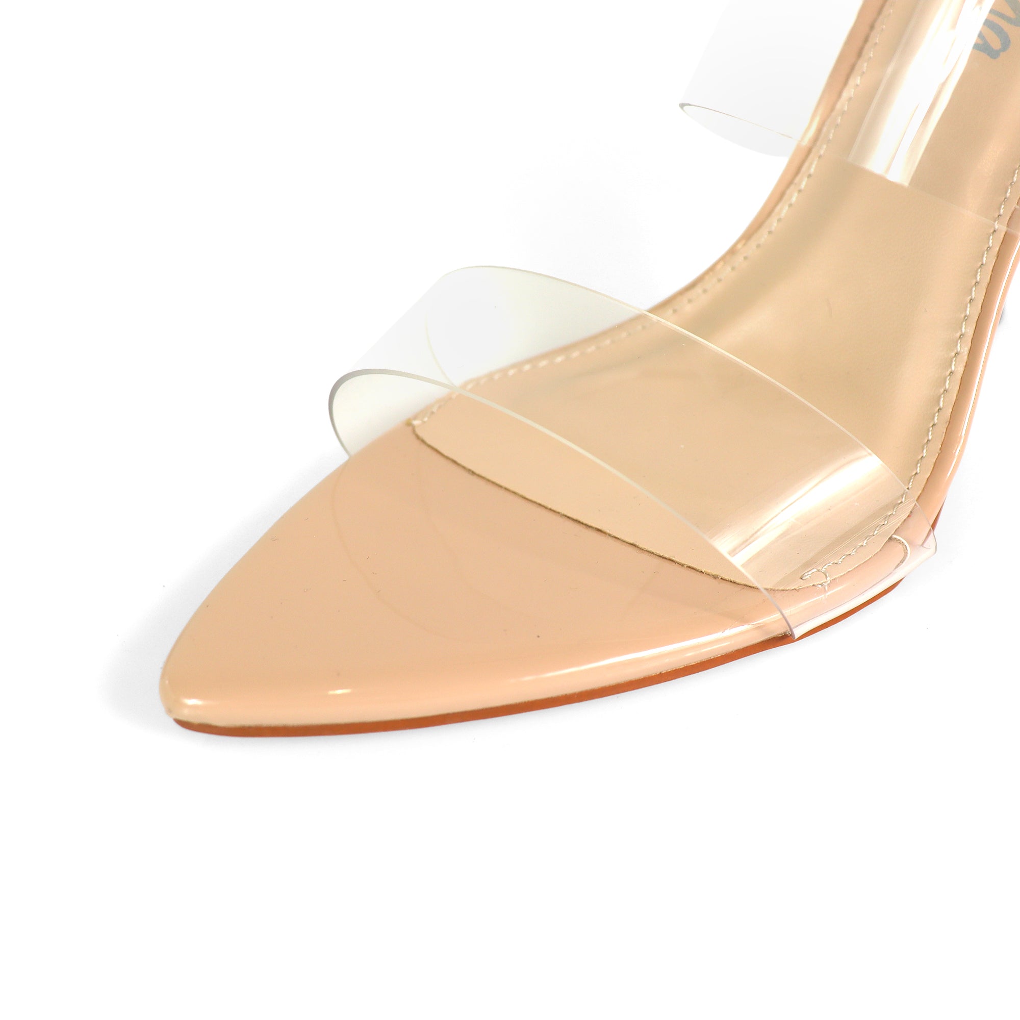 CAMELIA-8 POINTED TOE TRANSPARENT DUO MULES W/ ELEGANT HEEL NUDE