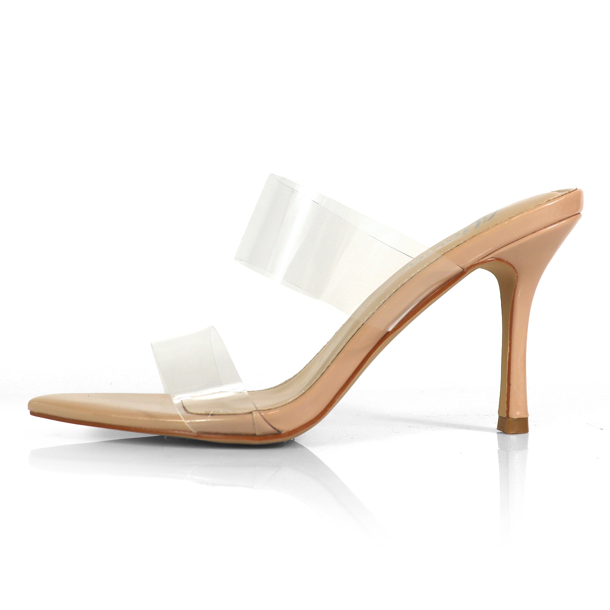 CAMELIA-8 POINTED TOE TRANSPARENT DUO MULES W/ ELEGANT HEEL NUDE