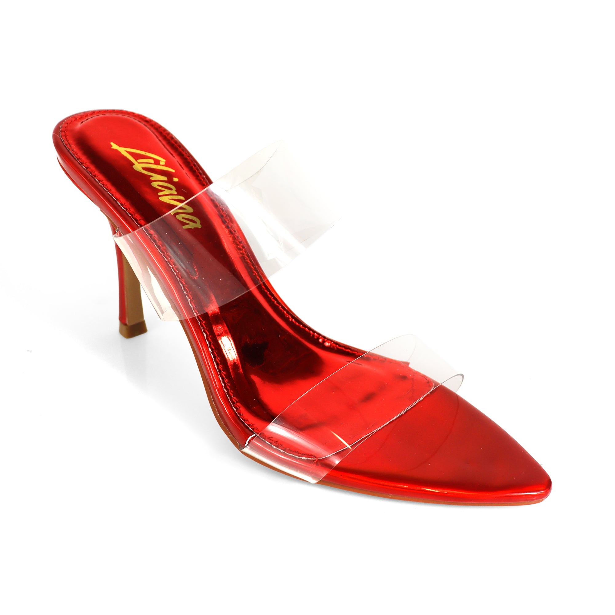 CAMELIA-8 POINTED TOE TRANSPARENT DUO MULES W/ ELEGANT HEEL RED METALLIC