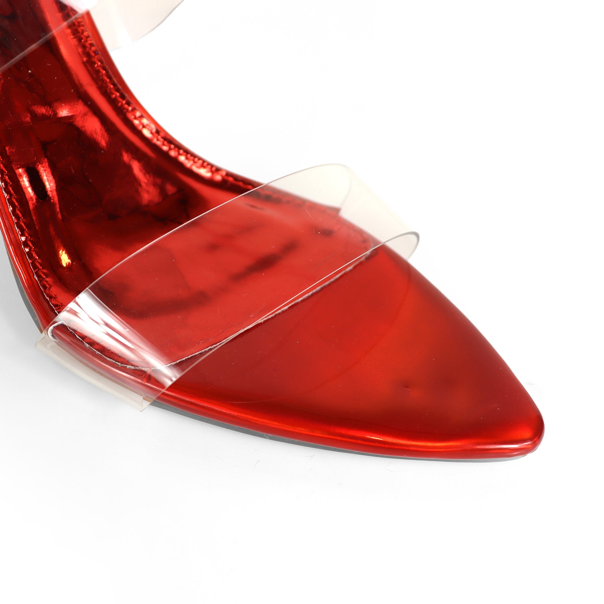 CAMELIA-8 POINTED TOE TRANSPARENT DUO MULES W/ ELEGANT HEEL RED METALLIC