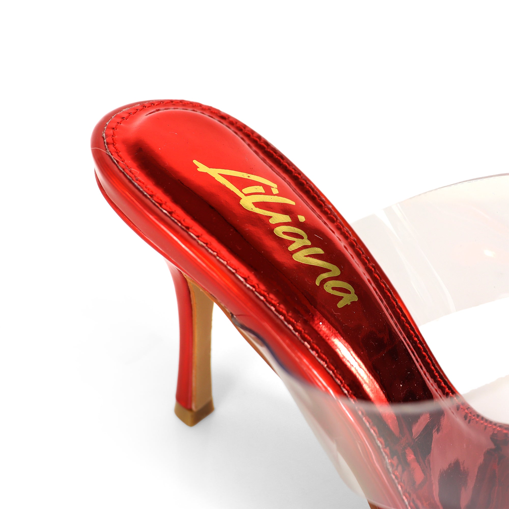 CAMELIA-8 POINTED TOE TRANSPARENT DUO MULES W/ ELEGANT HEEL RED METALLIC