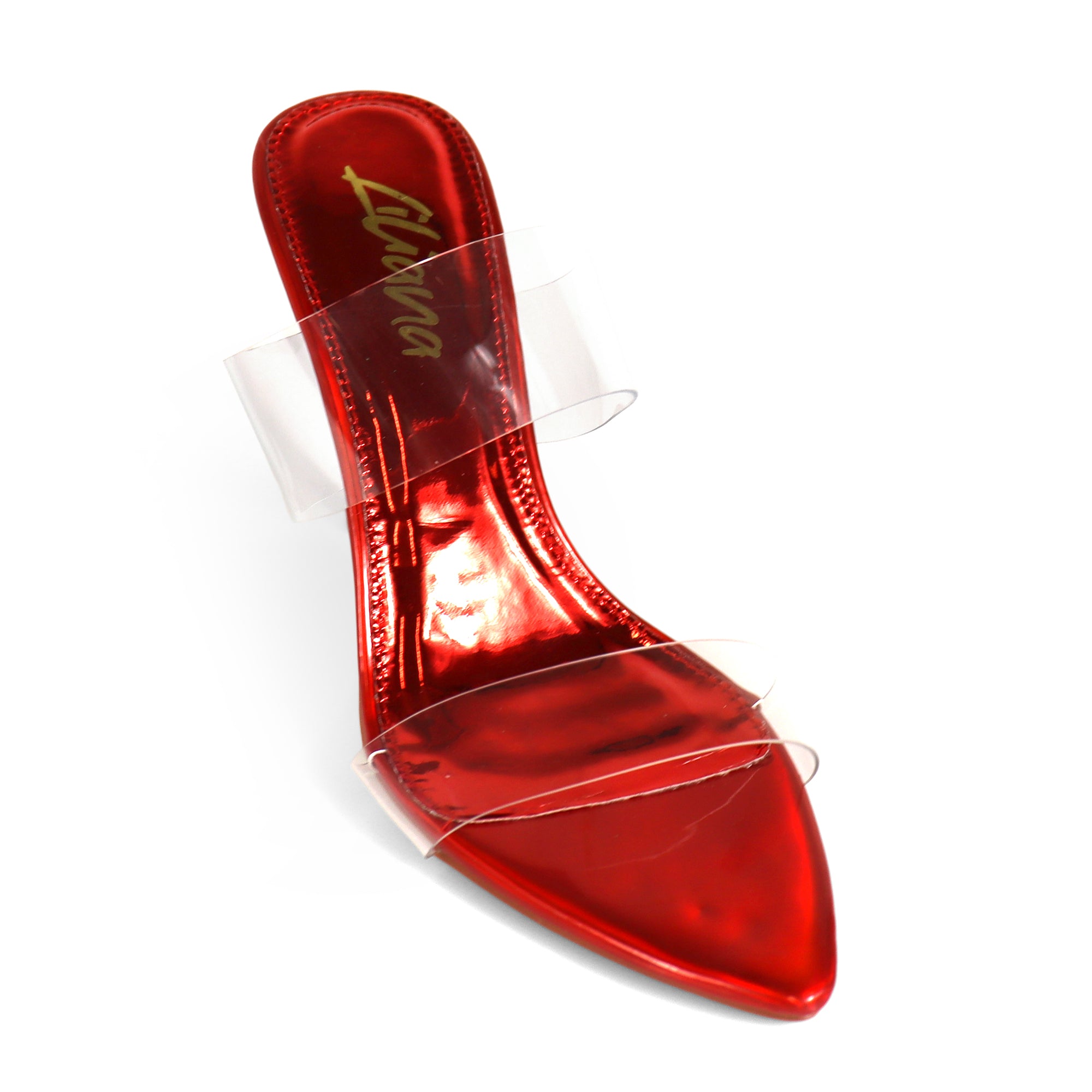 CAMELIA-8 POINTED TOE TRANSPARENT DUO MULES W/ ELEGANT HEEL RED METALLIC