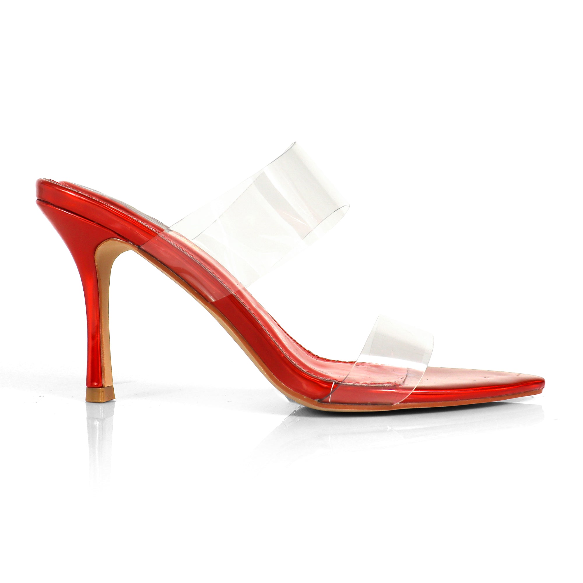 CAMELIA-8 POINTED TOE TRANSPARENT DUO MULES W/ ELEGANT HEEL RED METALLIC