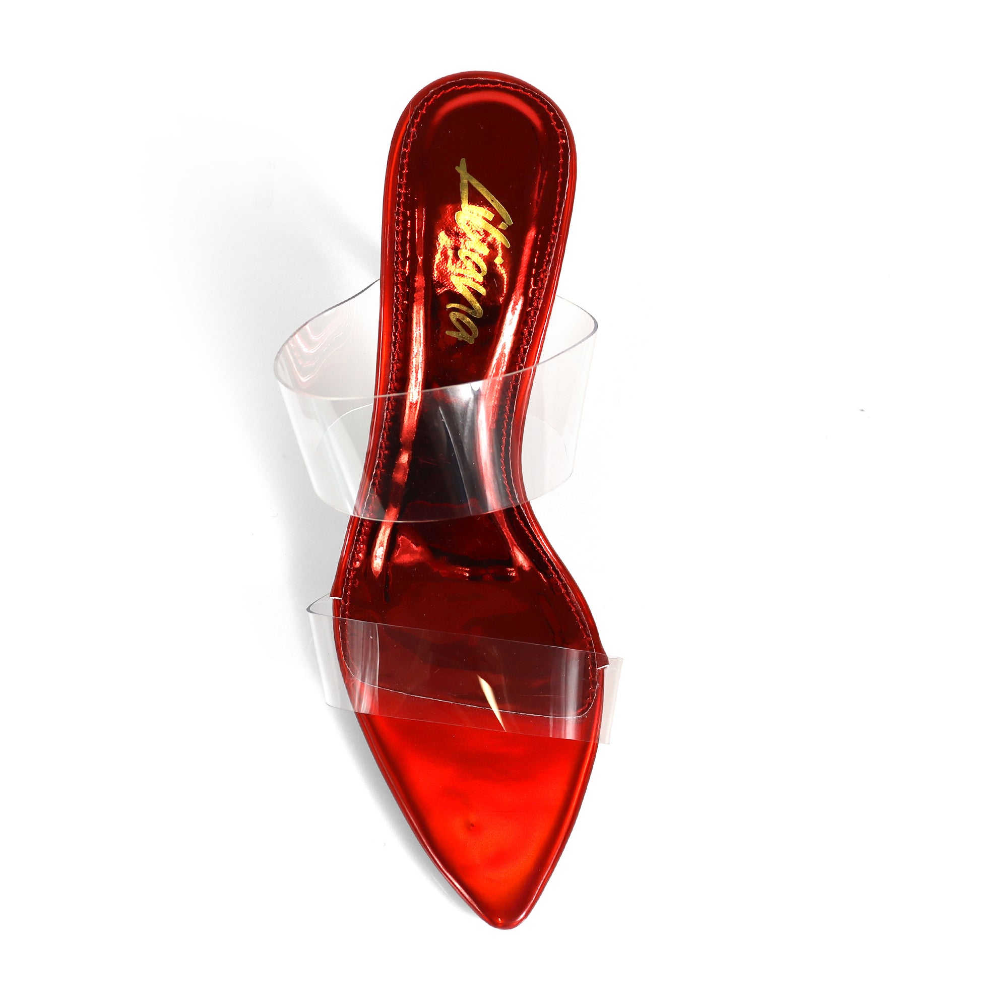 CAMELIA-8 POINTED TOE TRANSPARENT DUO MULES W/ ELEGANT HEEL RED METALLIC