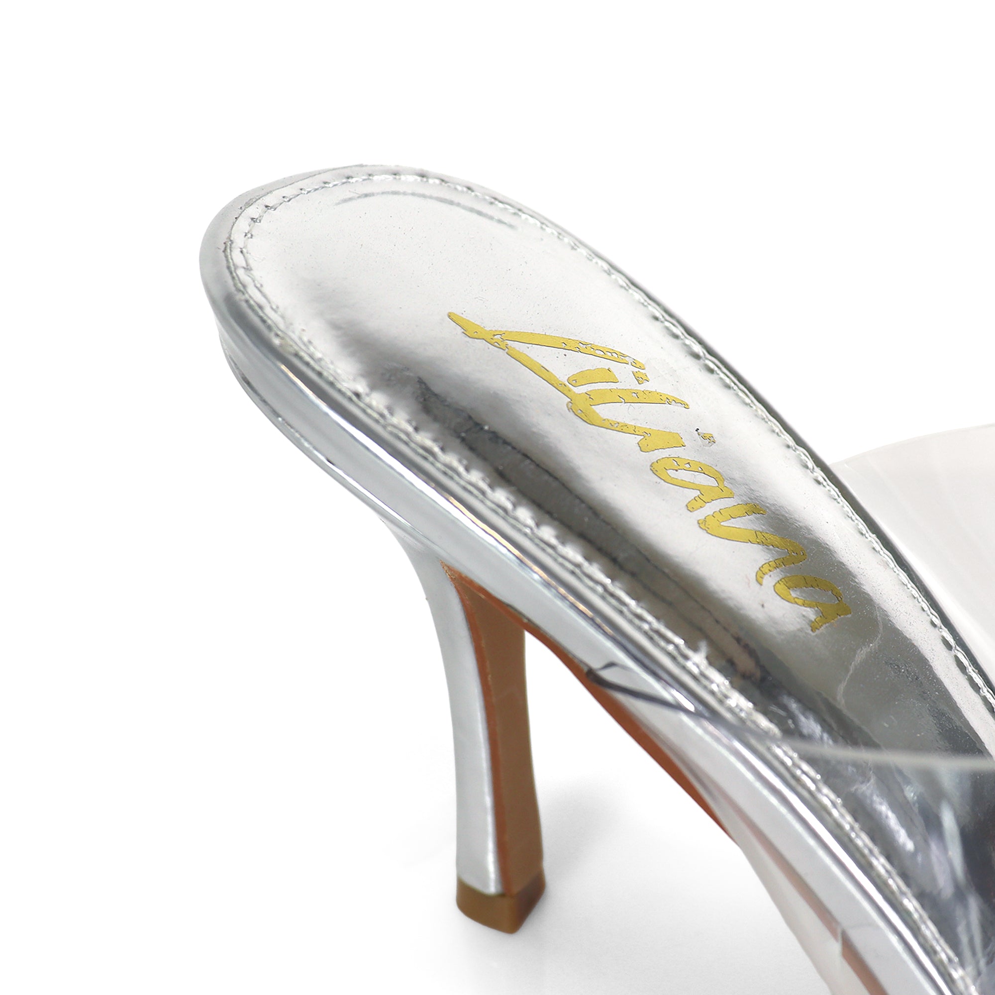 CAMELIA-8 POINTED TOE TRANSPARENT DUO MULES W/ ELEGANT HEEL RED SILVER