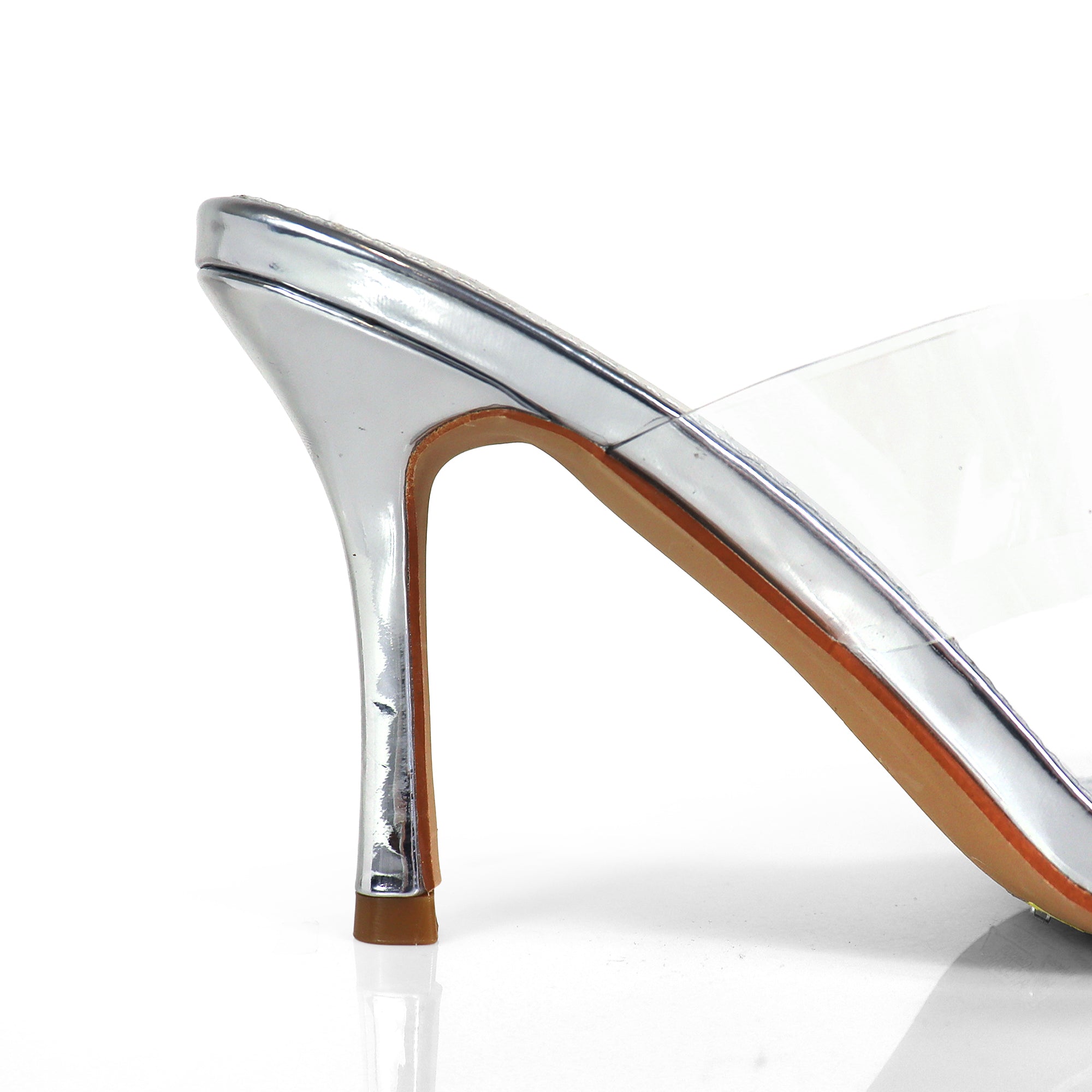 CAMELIA-8 POINTED TOE TRANSPARENT DUO MULES W/ ELEGANT HEEL RED SILVER