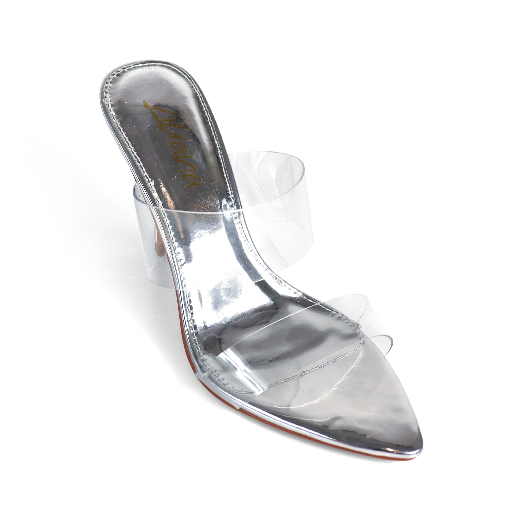 CAMELIA-8 POINTED TOE TRANSPARENT DUO MULES W/ ELEGANT HEEL RED SILVER