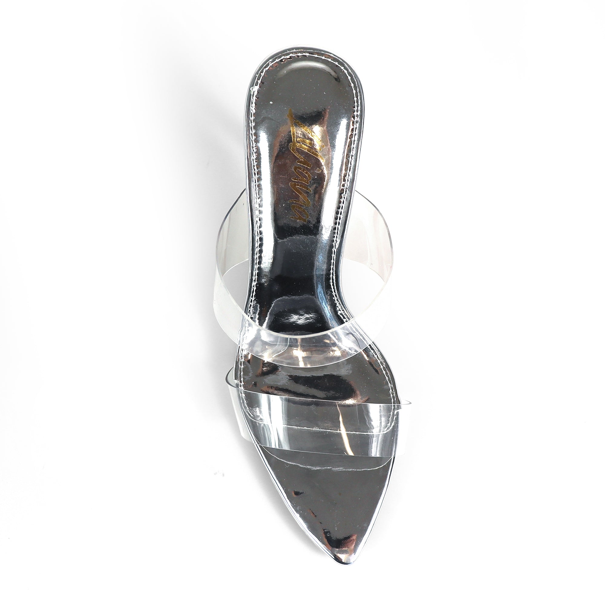 CAMELIA-8 POINTED TOE TRANSPARENT DUO MULES W/ ELEGANT HEEL SILVER
