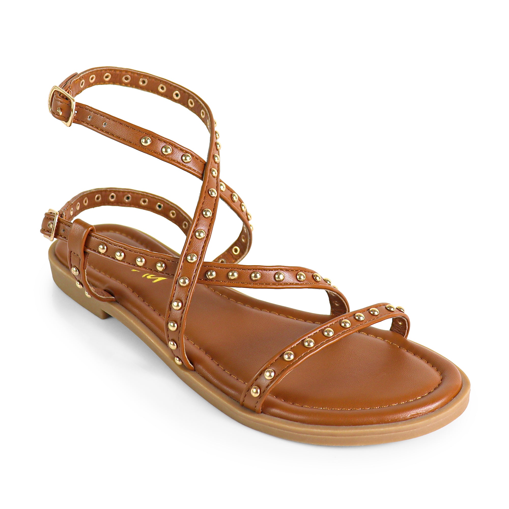 CARINA-2 ROUND TOE STUDED SOLE STRAPPY SANDAL TAN
