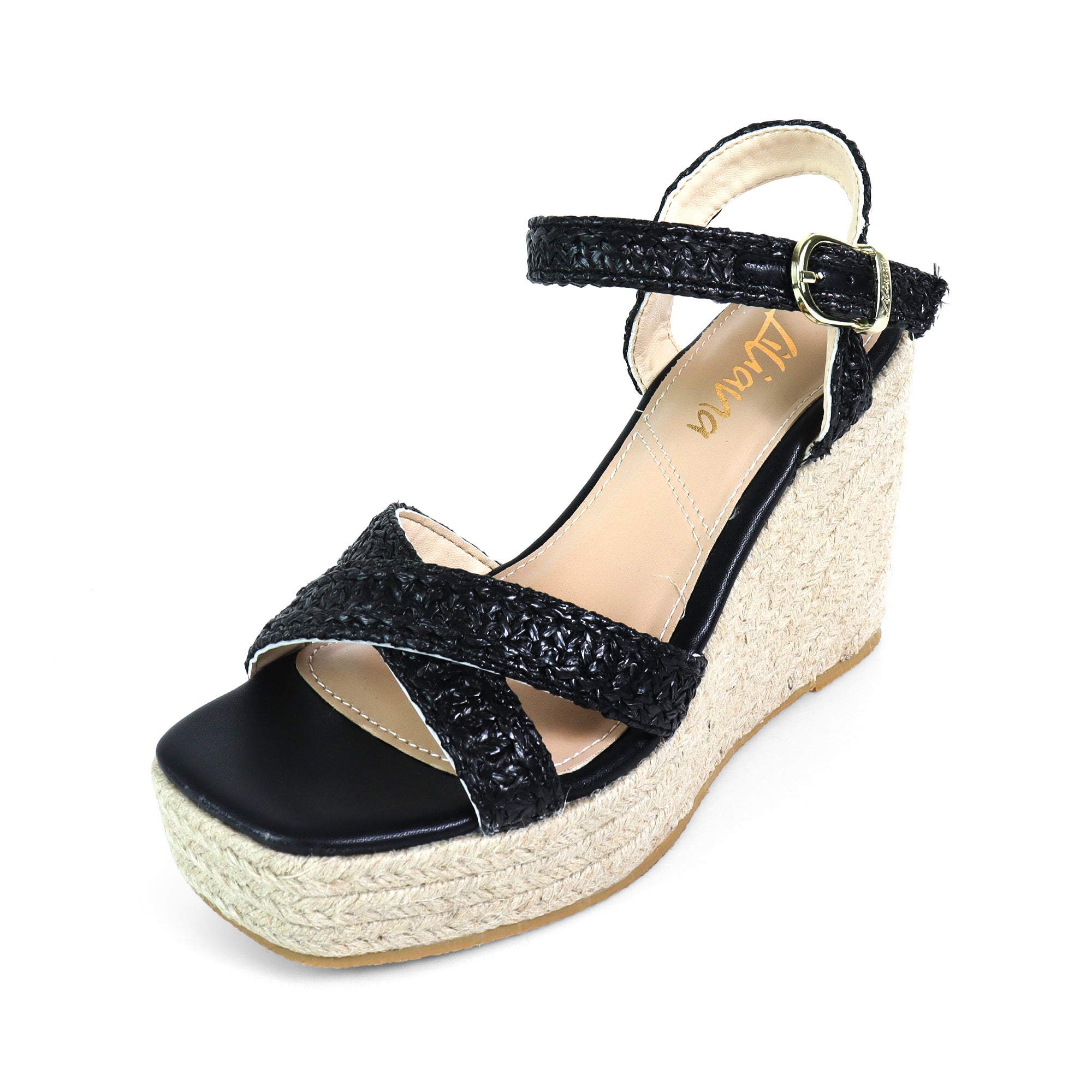 CASSIE-4 RAFFIA ANCKLE STRAP W/ ESPADRILLE WEDGE BLACK