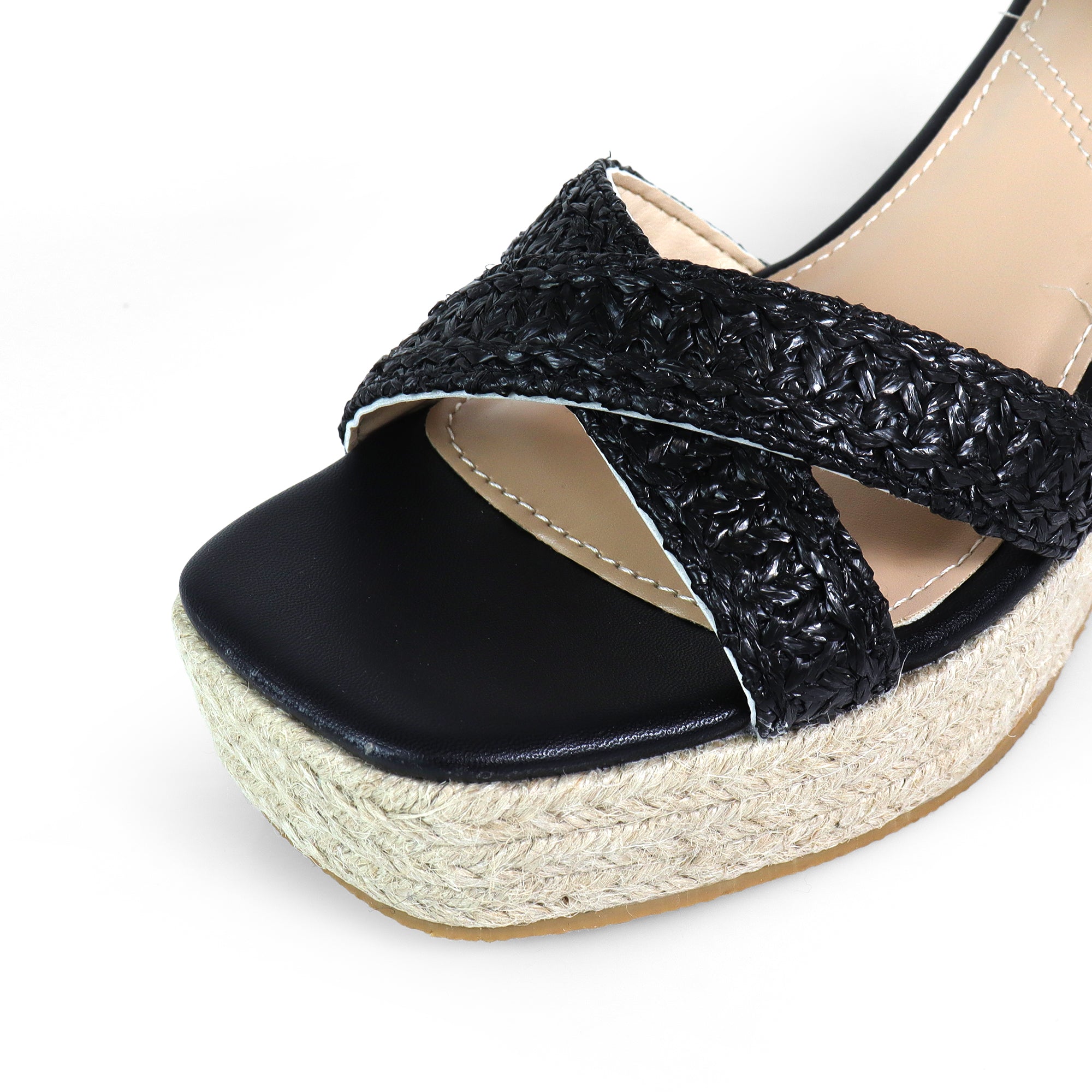 CASSIE-4 RAFFIA ANCKLE STRAP W/ ESPADRILLE WEDGE BLACK