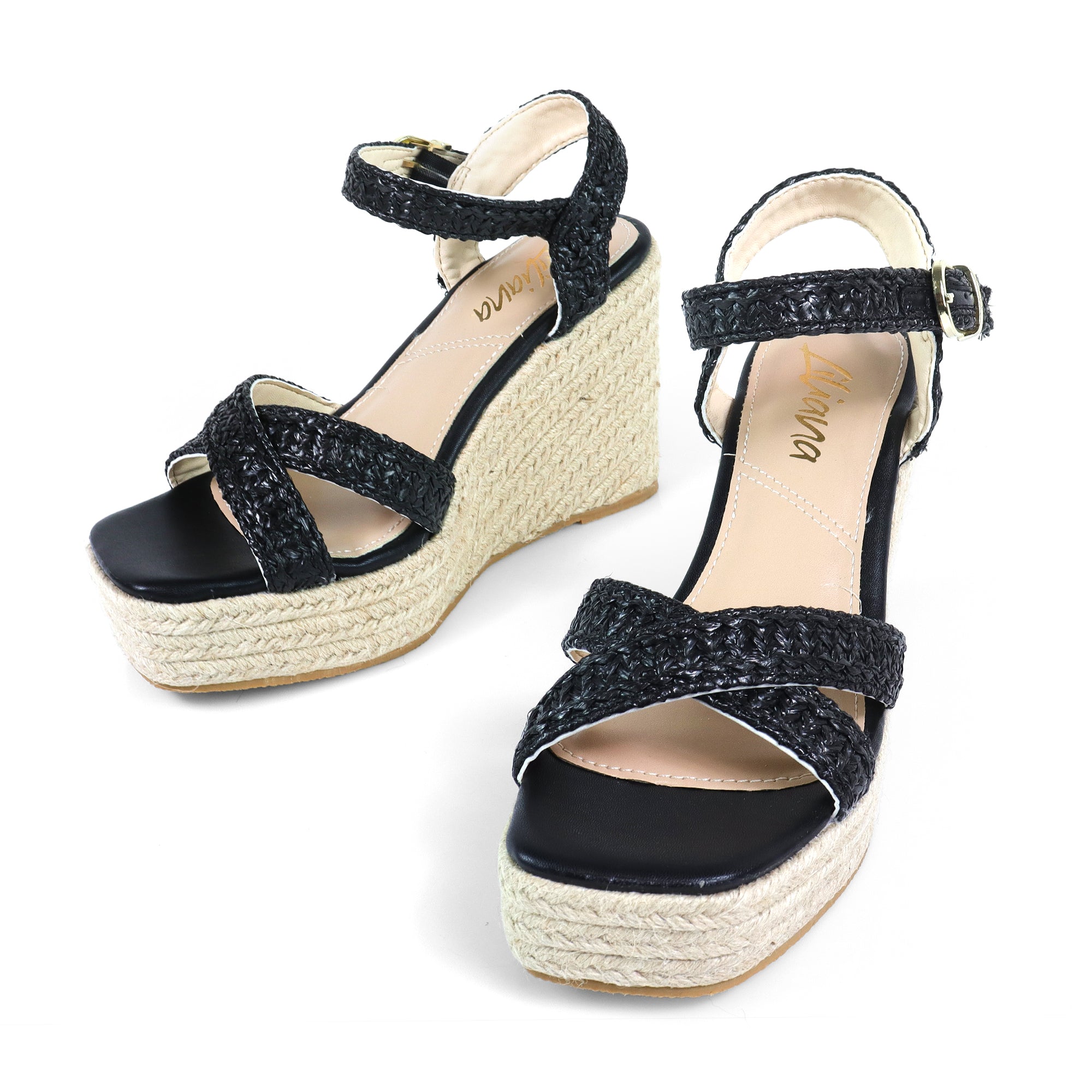 CASSIE-4 RAFFIA ANCKLE STRAP W/ ESPADRILLE WEDGE BLACK