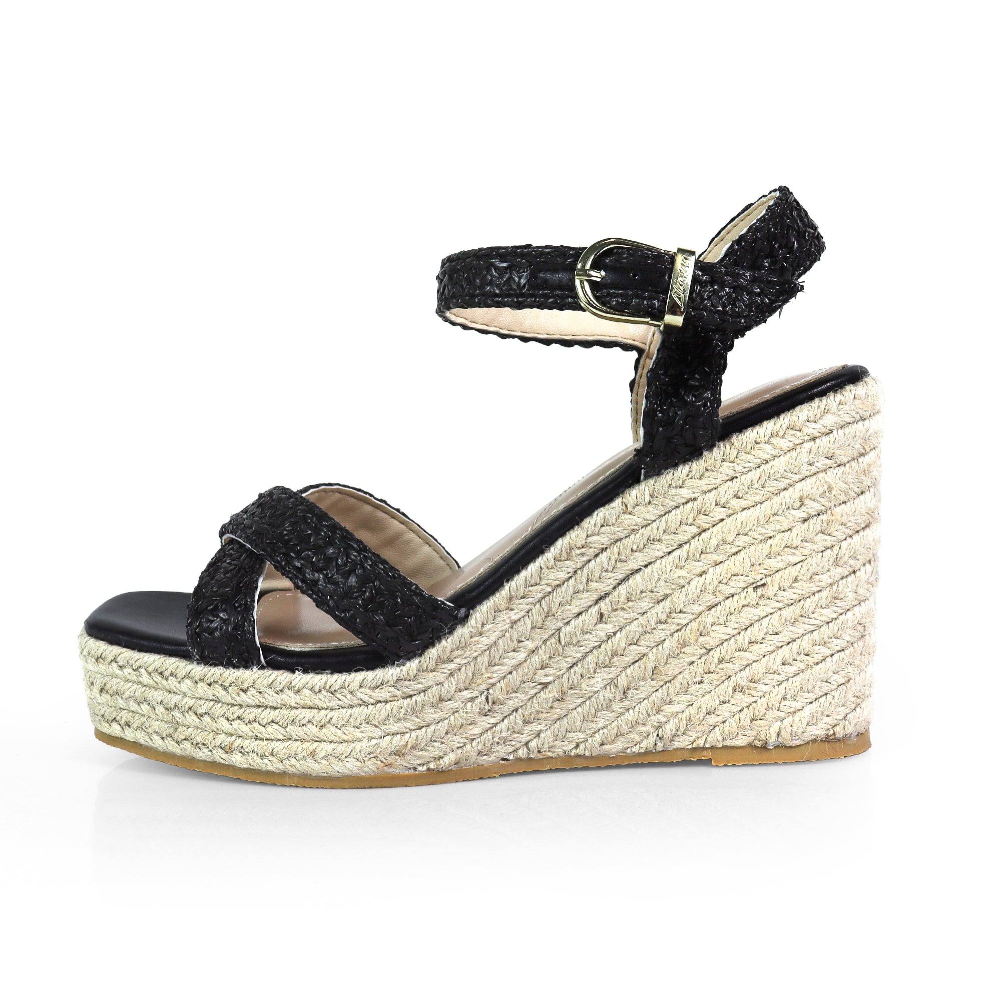 CASSIE-4 RAFFIA ANCKLE STRAP W/ ESPADRILLE WEDGE BLACK