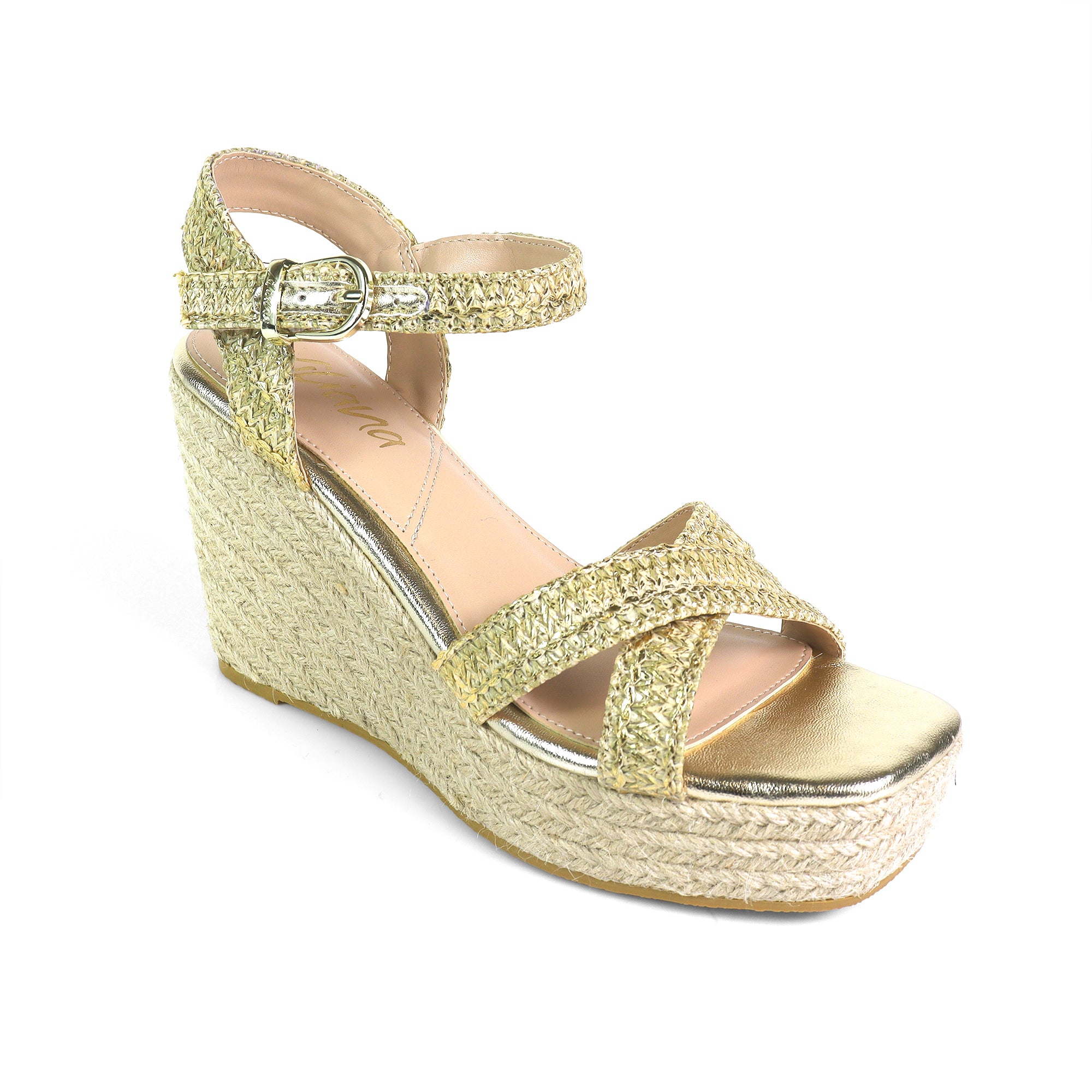 CASSIE-4 RAFFIA ANCKLE STRAP W/ ESPADRILLE WEDGE GOLD
