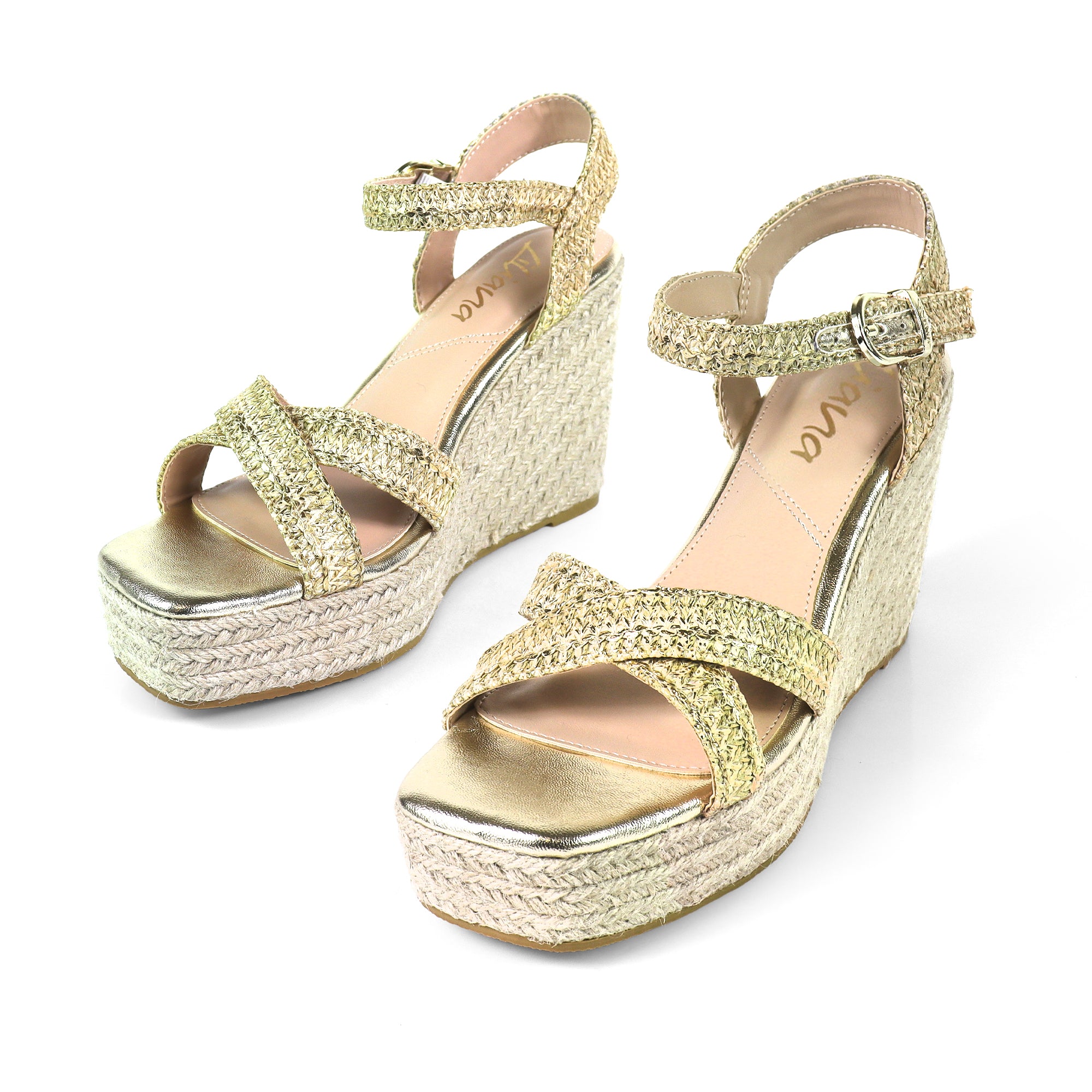 CASSIE-4 RAFFIA ANCKLE STRAP W/ ESPADRILLE WEDGE GOLD