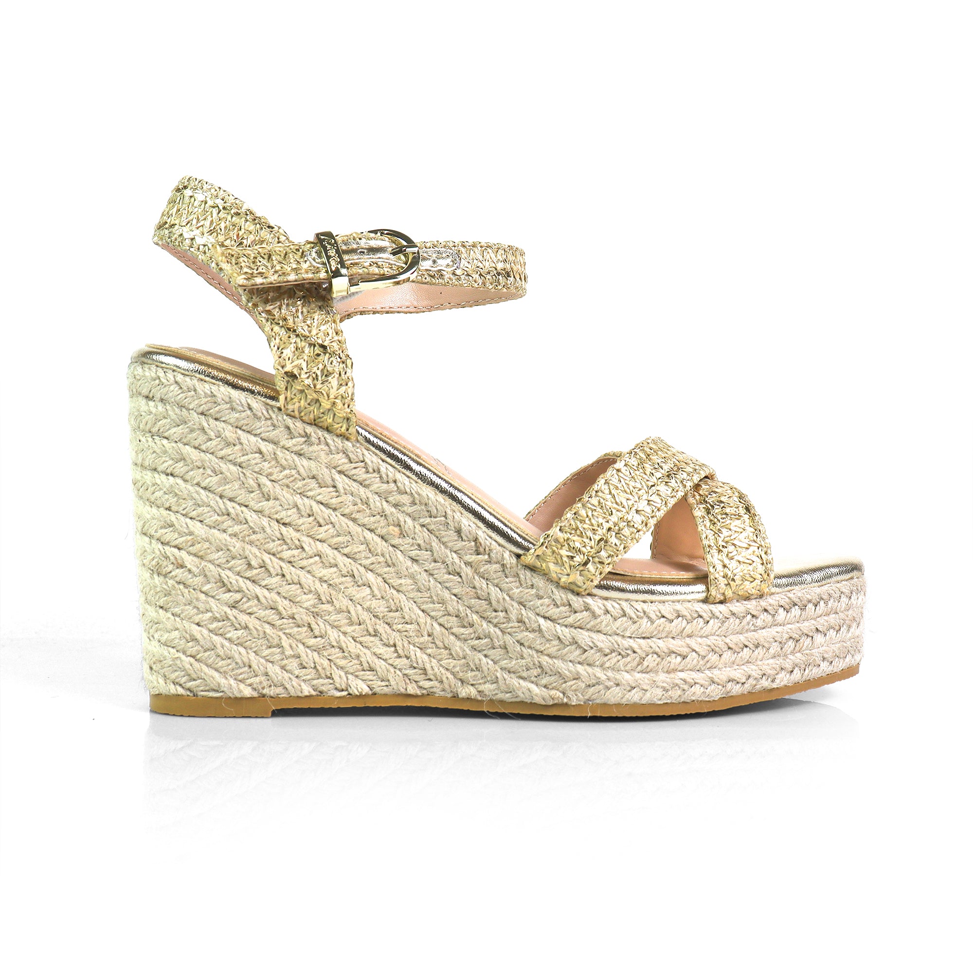 CASSIE-4 RAFFIA ANCKLE STRAP W/ ESPADRILLE WEDGE GOLD