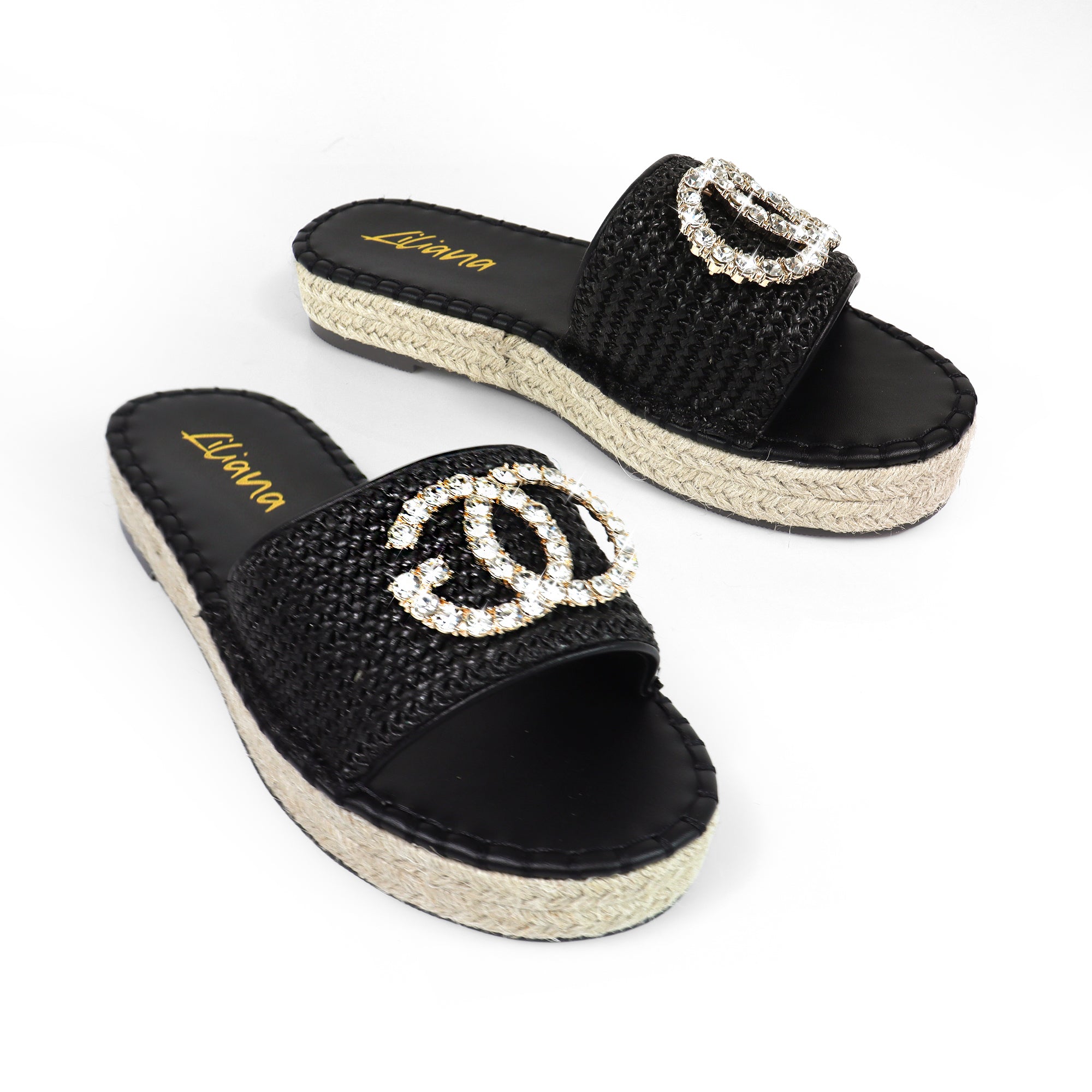 CHANELLE-1 RHINESTONE ESPADRILLE LOW PLATFORM BLACK