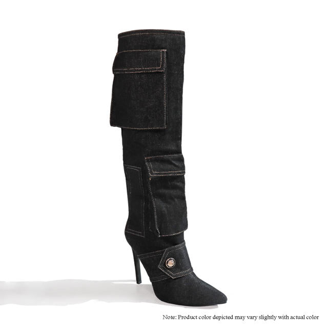 CHIARRA-1 POINED TOE KNEE HIGH POCKET DETAIL BOOTS - BLACK