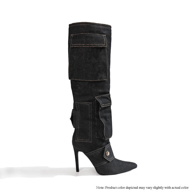 CHIARRA-1 POINED TOE KNEE HIGH POCKET DETAIL BOOTS - BLACK