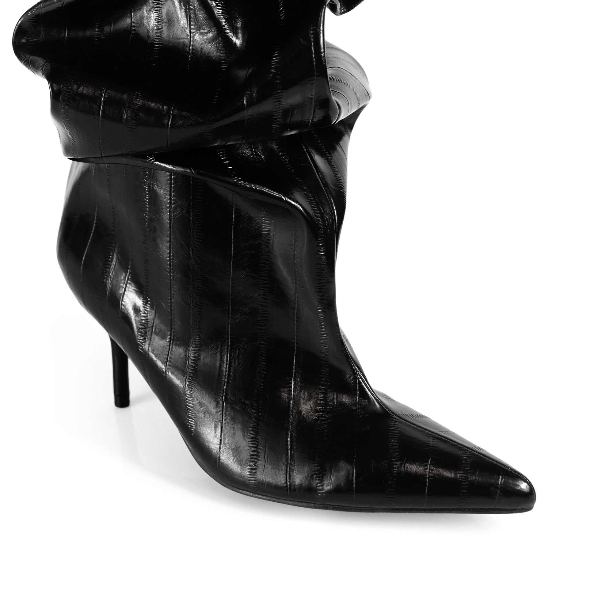 CHRISTIE-1 POINTED TOE SLOUCH KNEE HIGH BOOTS BLACK CROC