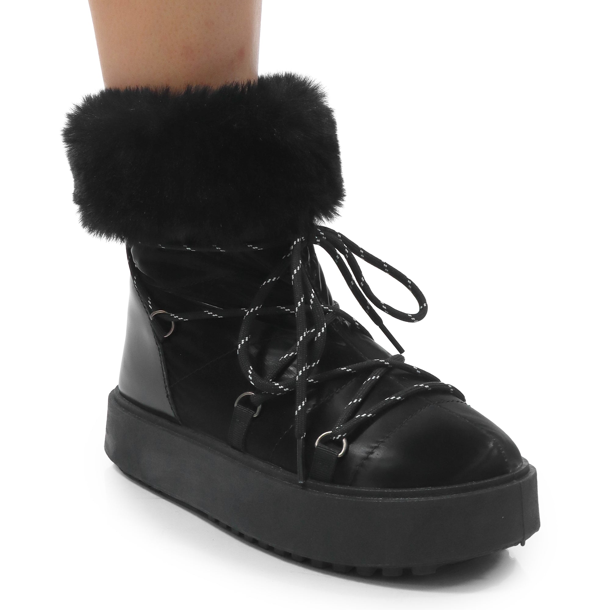 CHRISTINA-1 THICK PLATFORM FUR LACE UP BOOTIE BLACK