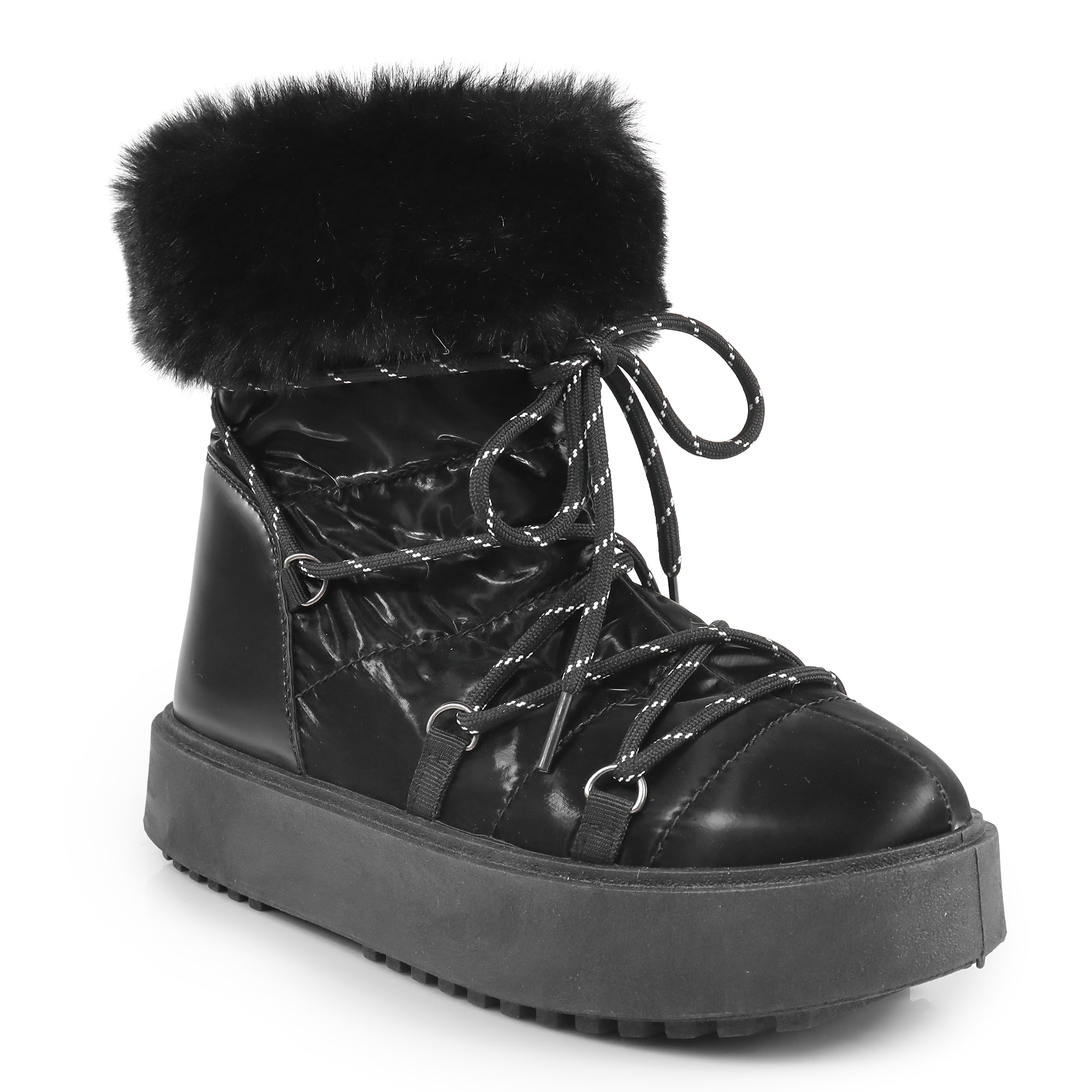 CHRISTINA-1 THICK PLATFORM FUR LACE UP BOOTIE BLACK