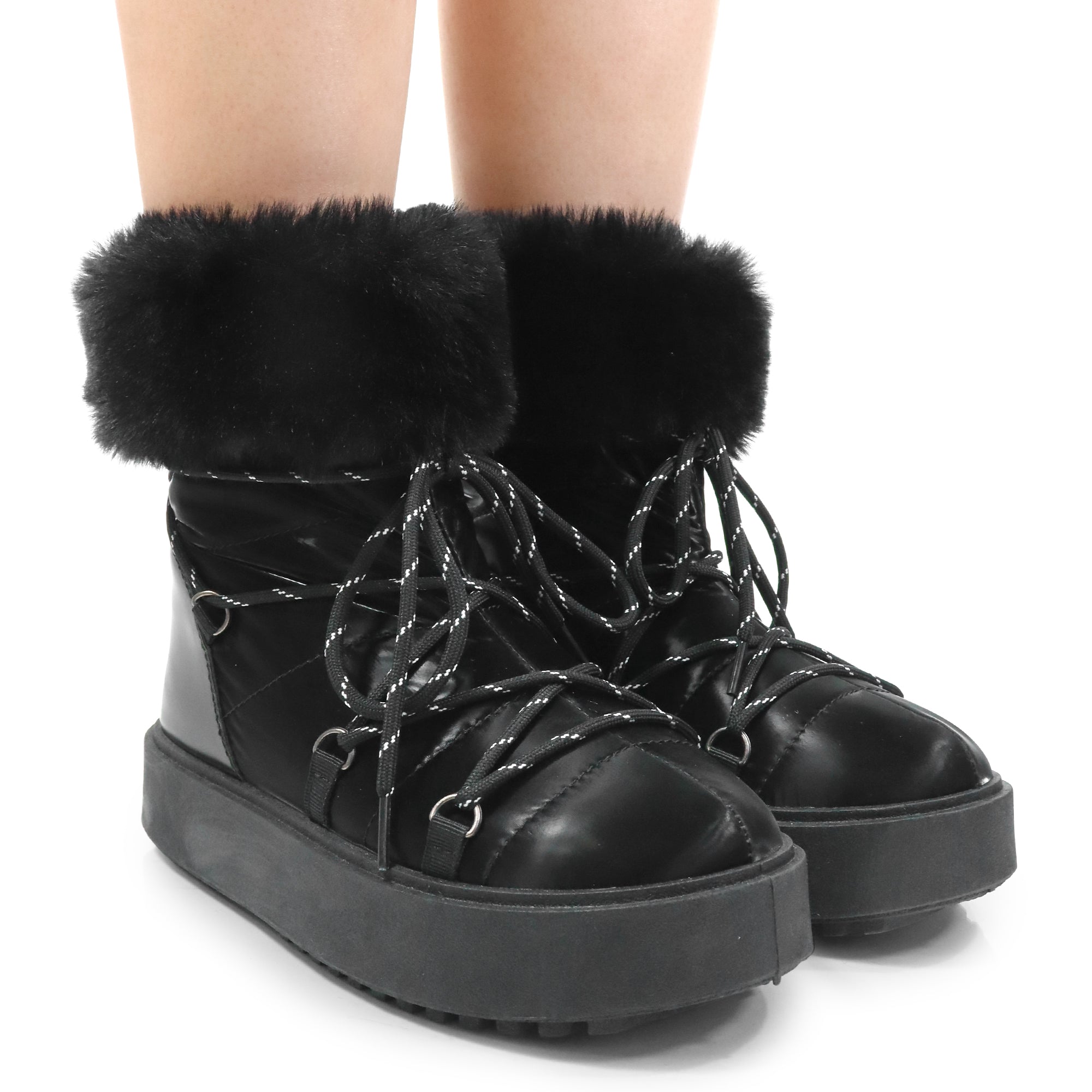CHRISTINA-1 THICK PLATFORM FUR LACE UP BOOTIE BLACK