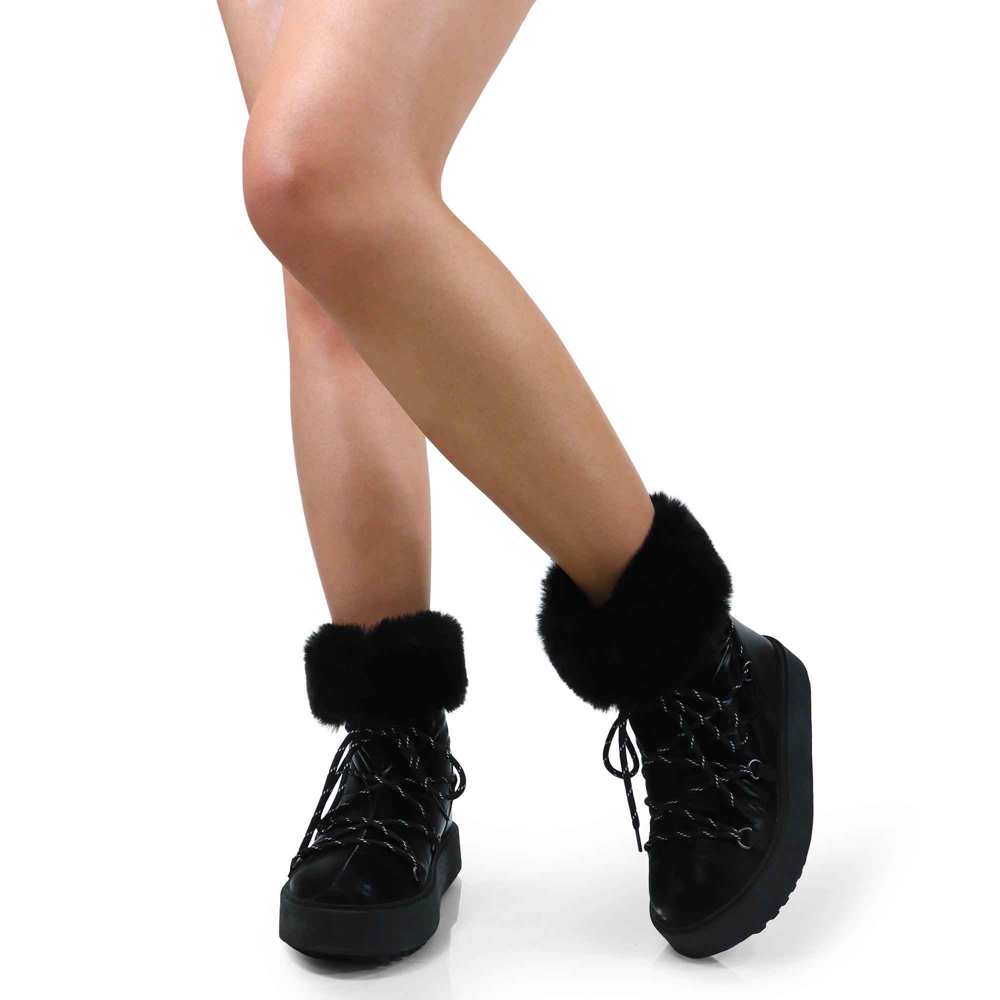 CHRISTINA-1 THICK PLATFORM FUR LACE UP BOOTIE BLACK