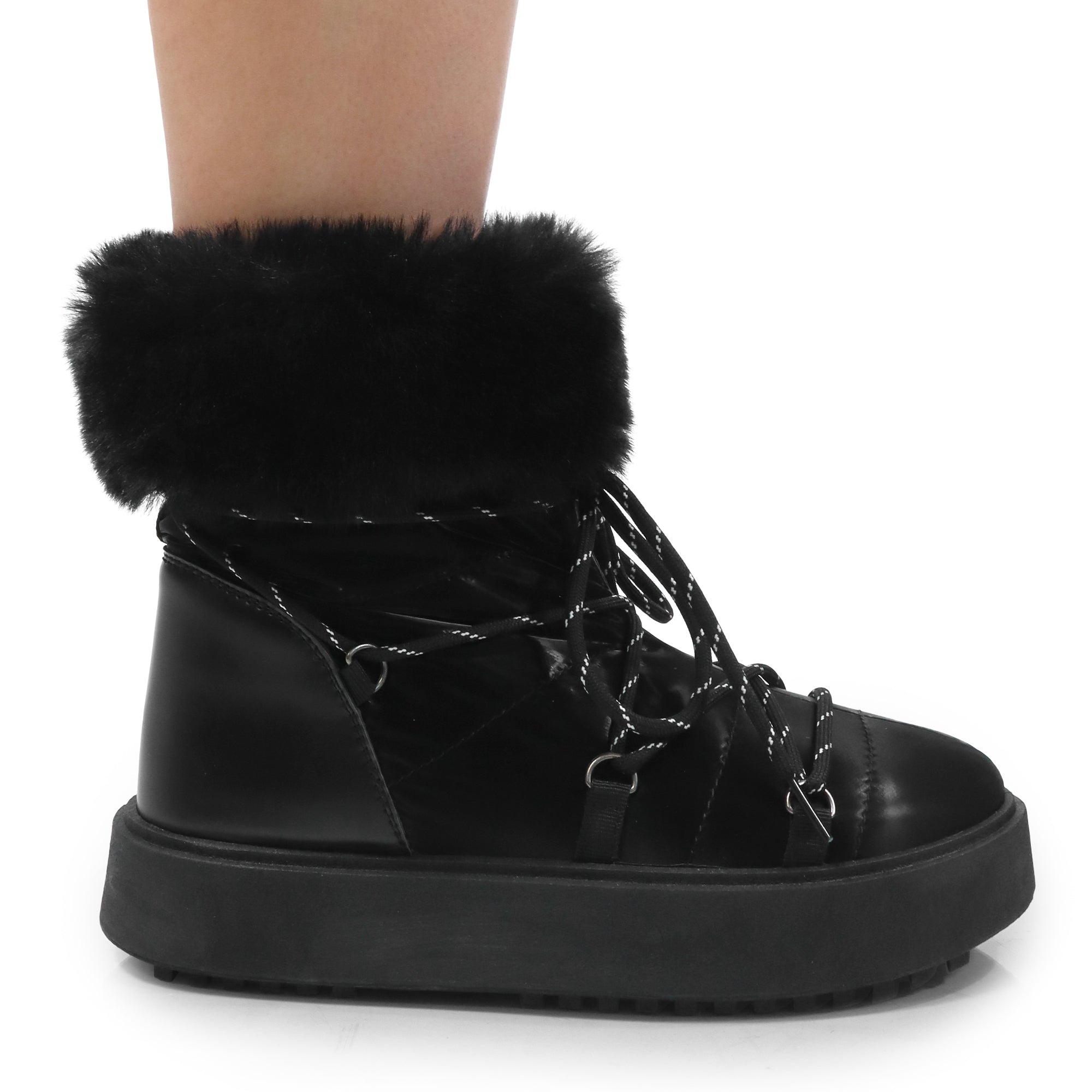 CHRISTINA-1 THICK PLATFORM FUR LACE UP BOOTIE BLACK