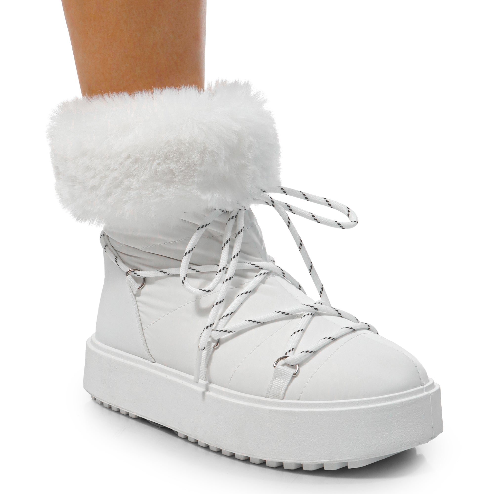 CHRISTINA-1 THICK PLATFORM FUR LACE UP BOOTIE WHITE