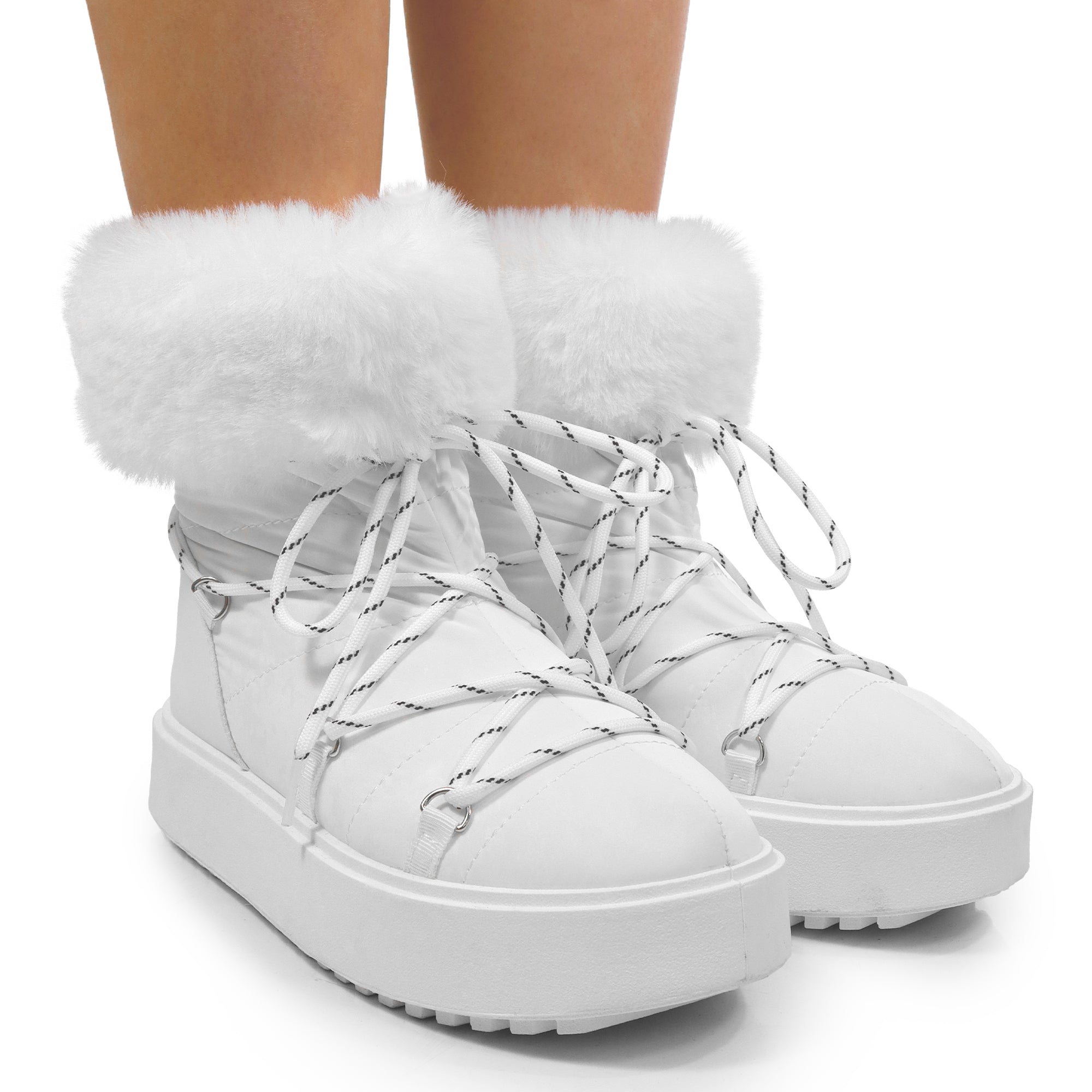 CHRISTINA-1 THICK PLATFORM FUR LACE UP BOOTIE WHITE