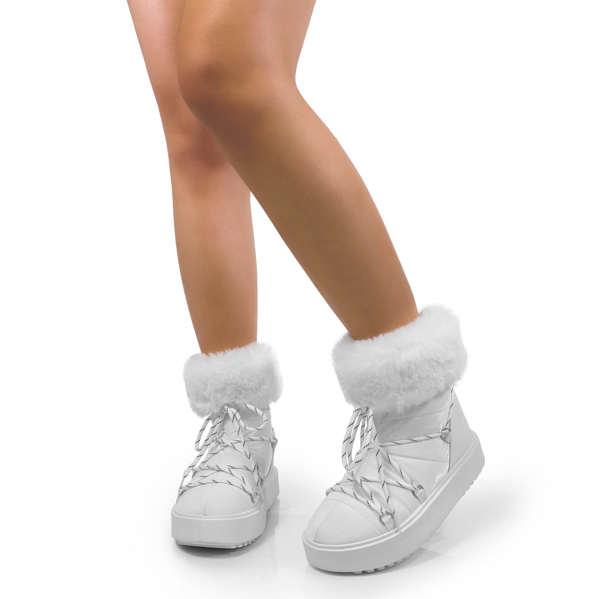 CHRISTINA-1 THICK PLATFORM FUR LACE UP BOOTIE WHITE