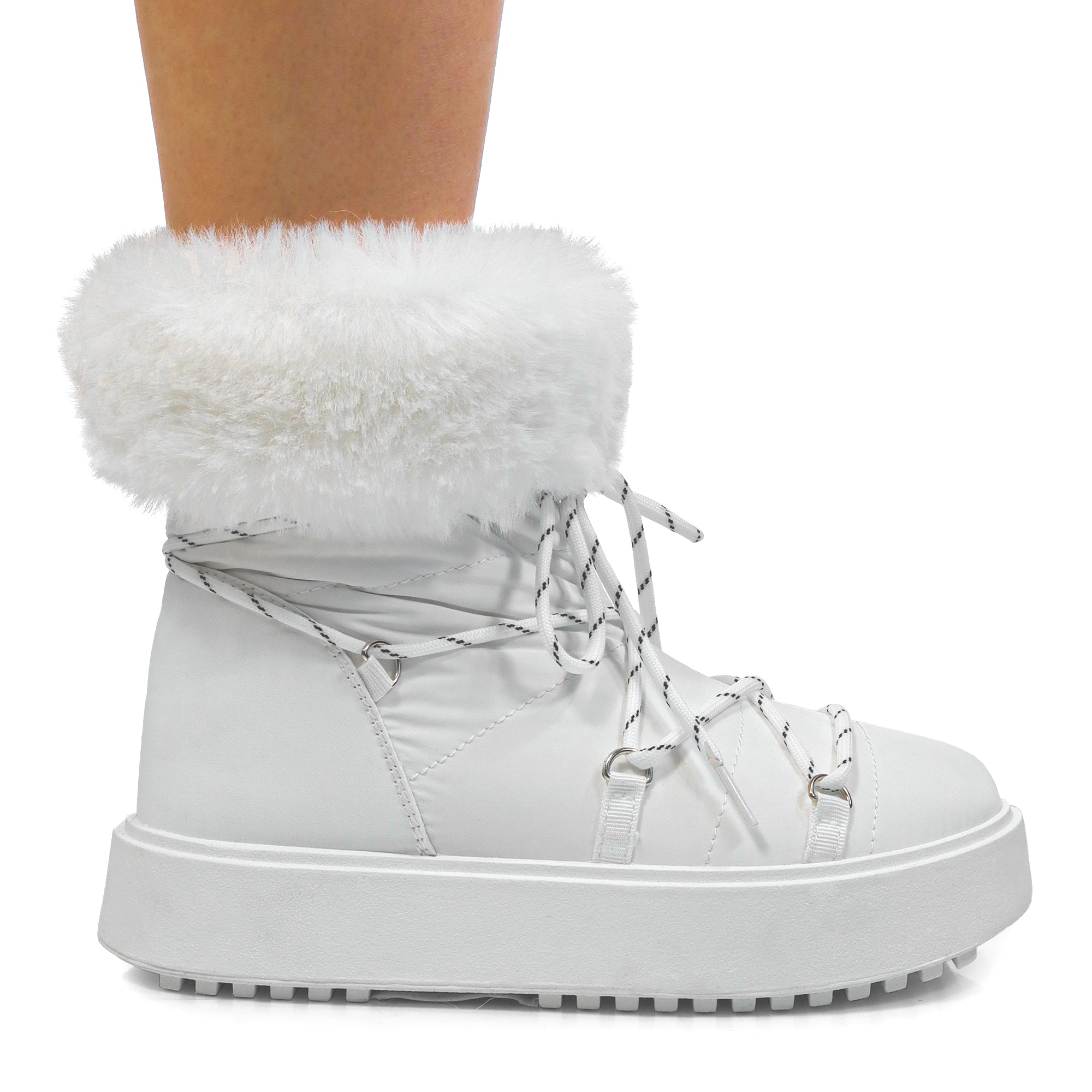 CHRISTINA-1 THICK PLATFORM FUR LACE UP BOOTIE WHITE