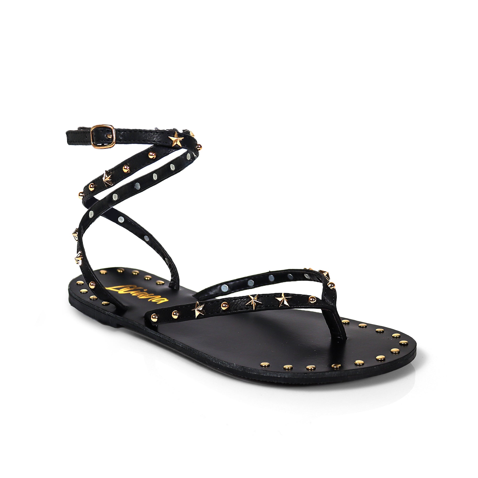 CLARISSA-5 STUD STRAPPY ROMAN GLADIATOR SANDAL BLACK