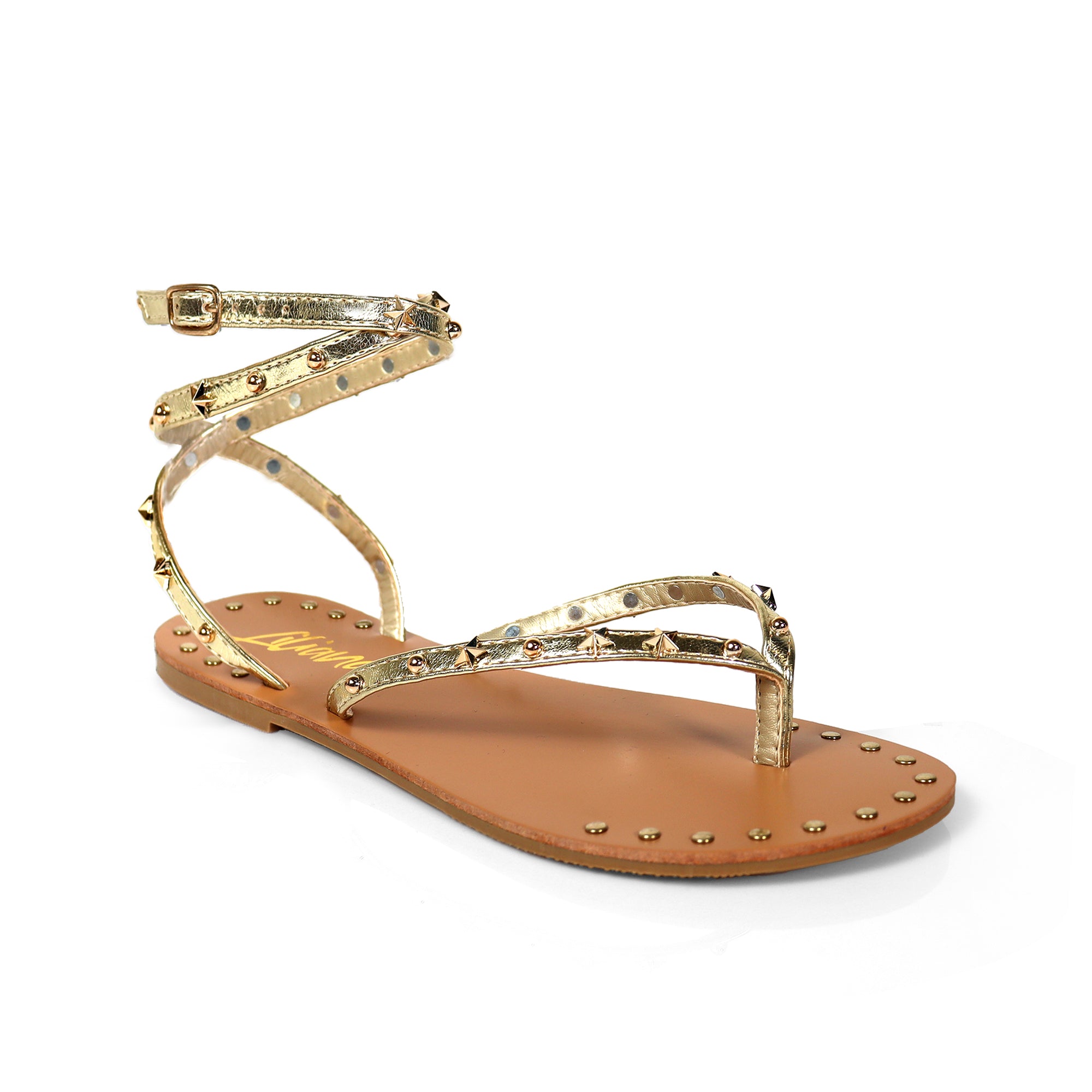 CLARISSA-5 STUD STRAPPY ROMAN GLADIATOR SANDAL GOLD