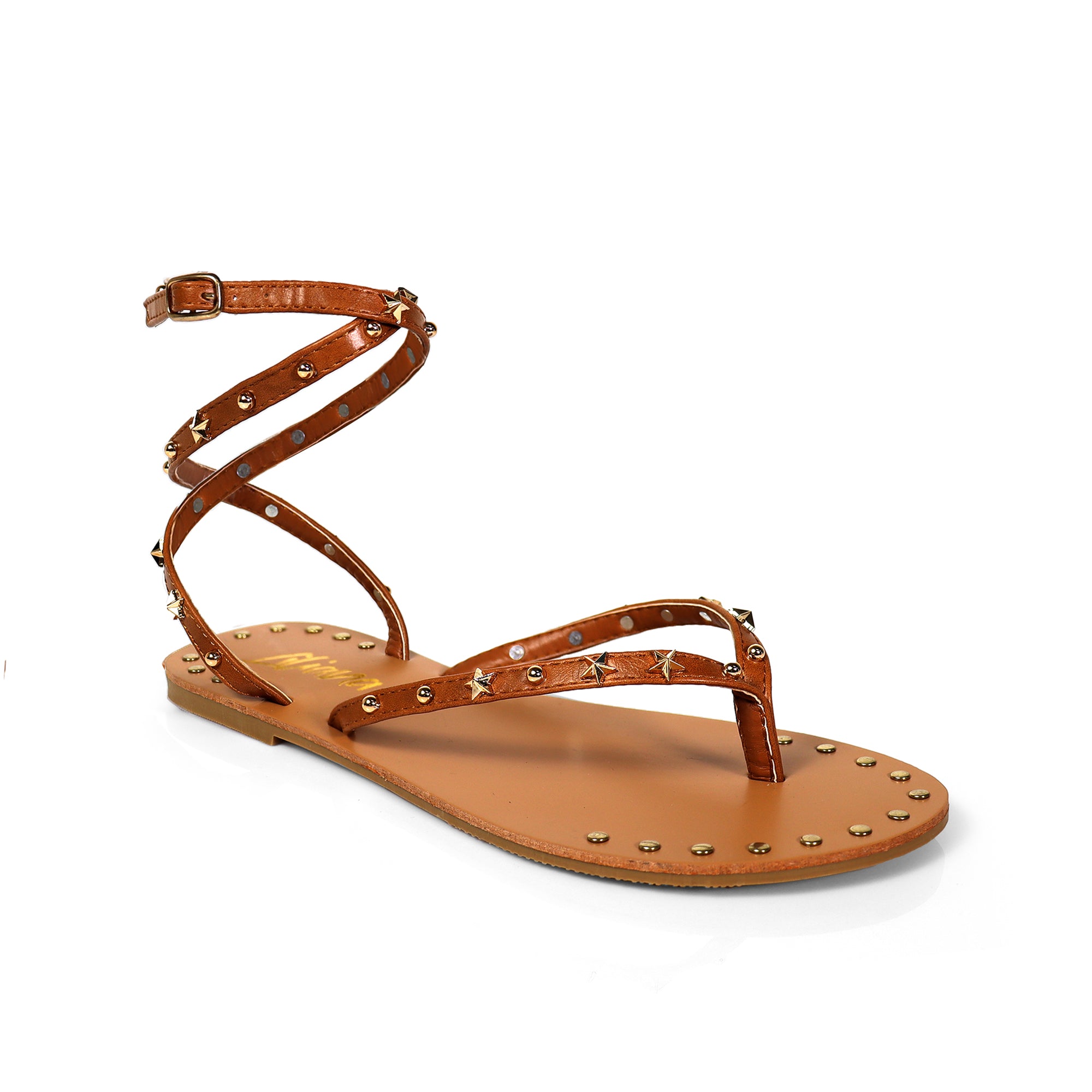 CLARISSA-5 STUD STRAPPY ROMAN GLADIATOR SANDAL TAN