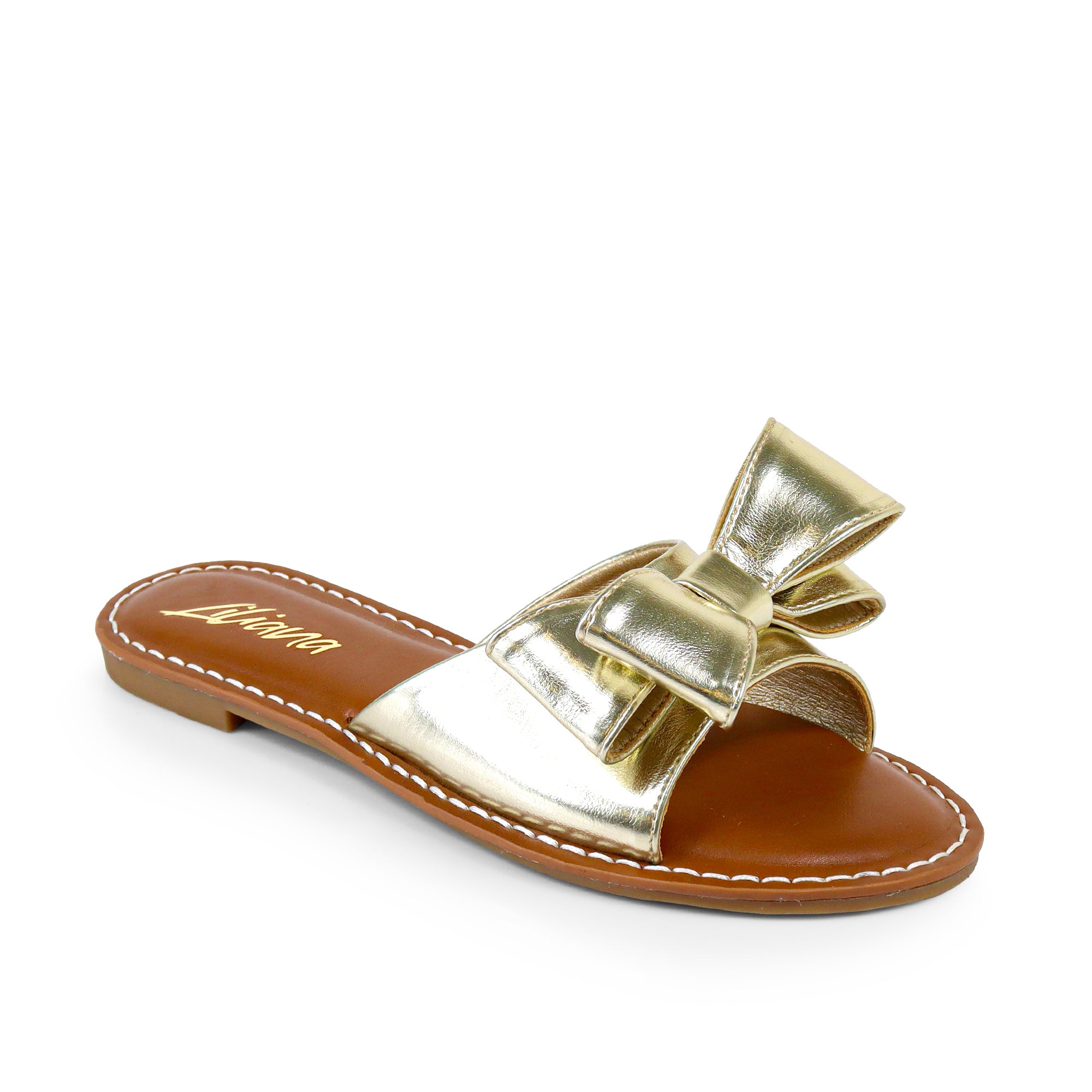 CLARISSA-8 BOW OPEN TOE FLAT SLIDE SANDAL GOLD