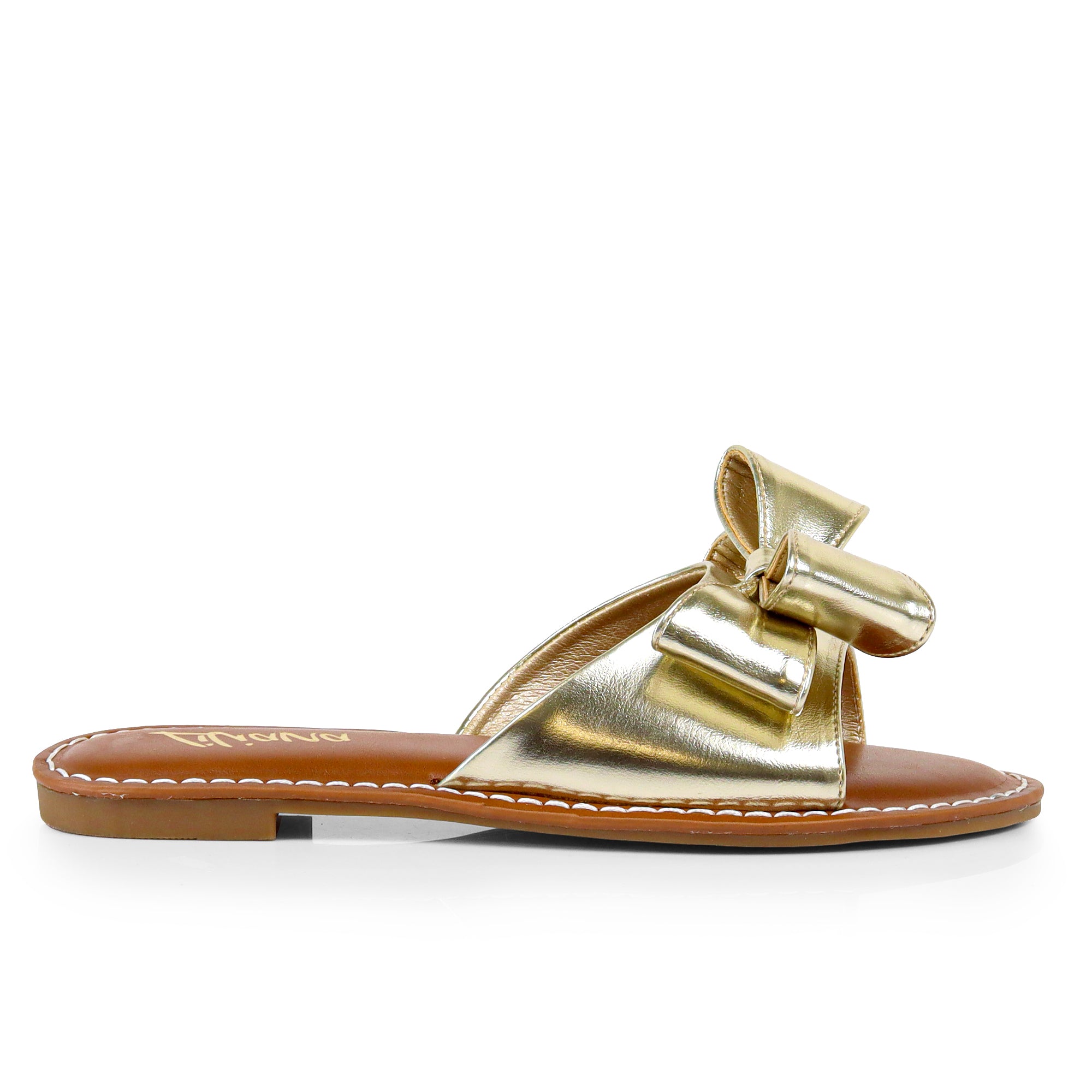 CLARISSA-8 BOW OPEN TOE FLAT SLIDE SANDAL GOLD