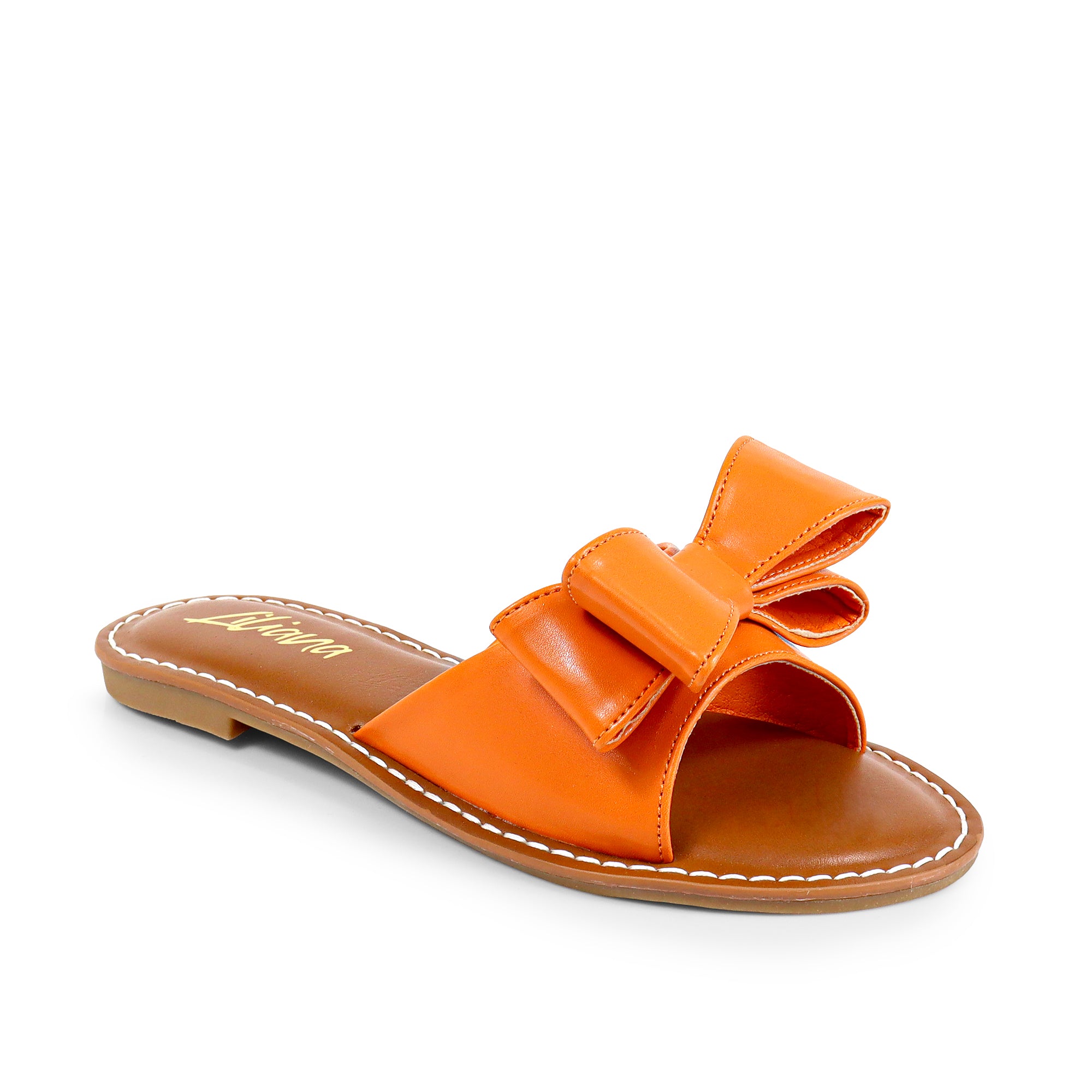CLARISSA-8 BOW OPEN TOE FLAT SLIDE SANDAL ORANGE