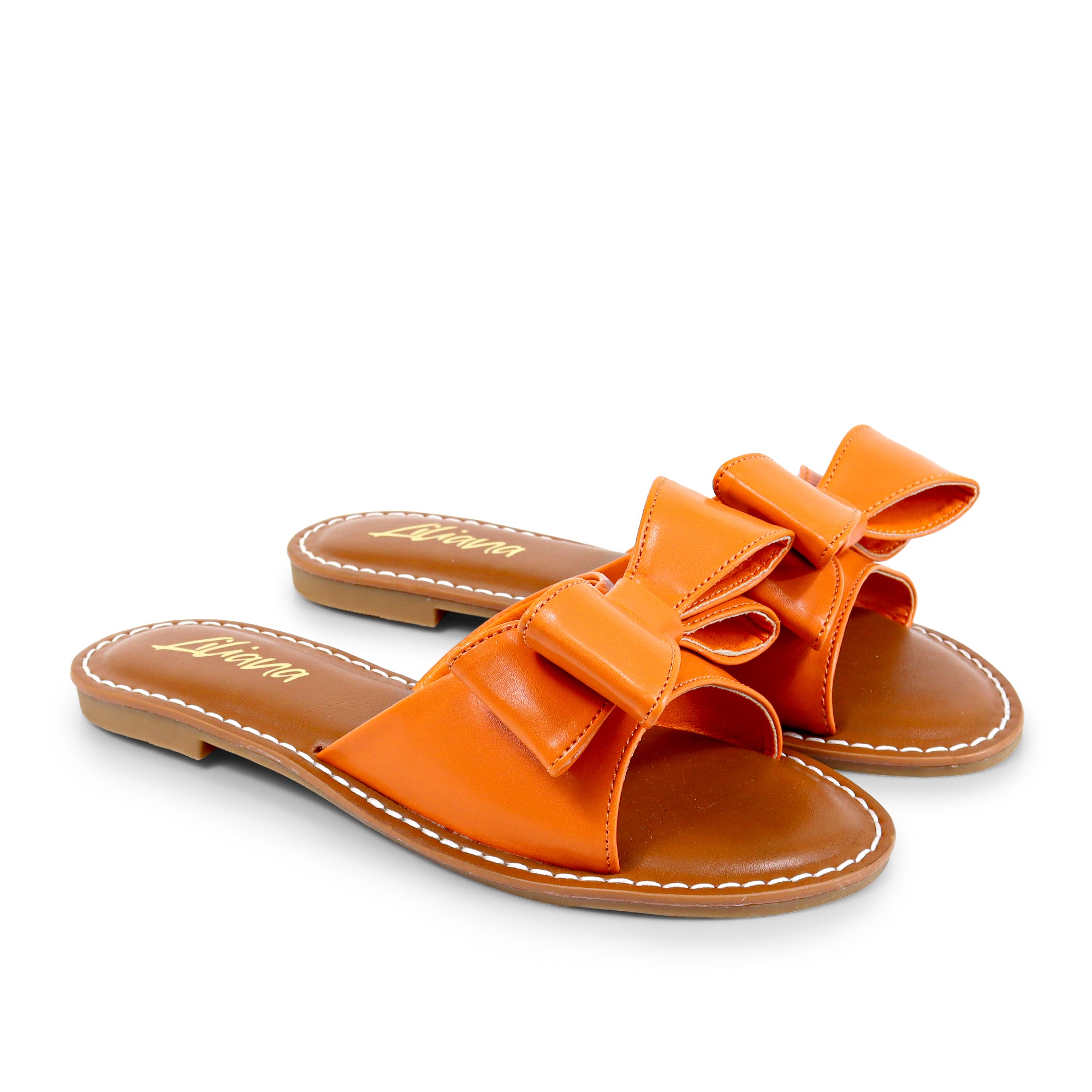 CLARISSA-8 BOW OPEN TOE FLAT SLIDE SANDAL ORANGE