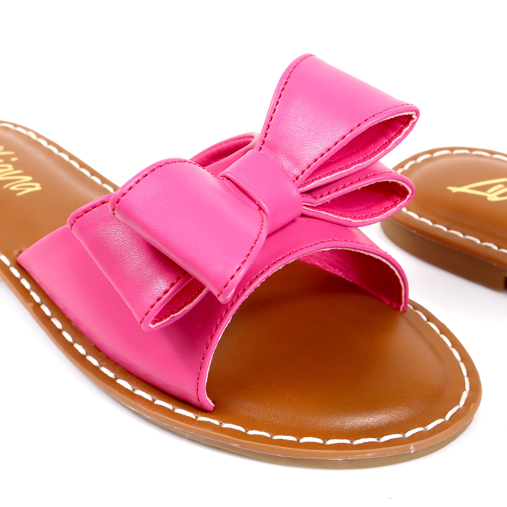 CLARISSA-8 BOW OPEN TOE FLAT SLIDE SANDAL PINK