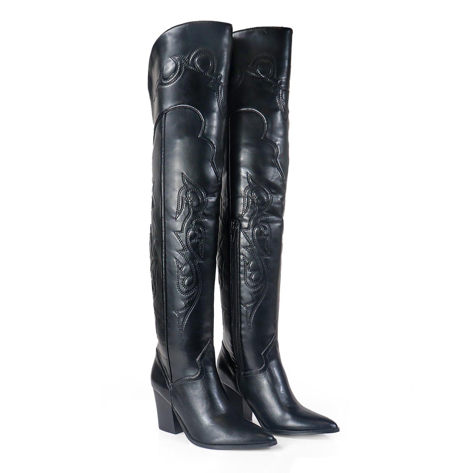 CORY-2 POINTED TOE OVERKNEE HIGH COWBOY BOOT W/ CHUNCKY BLACK