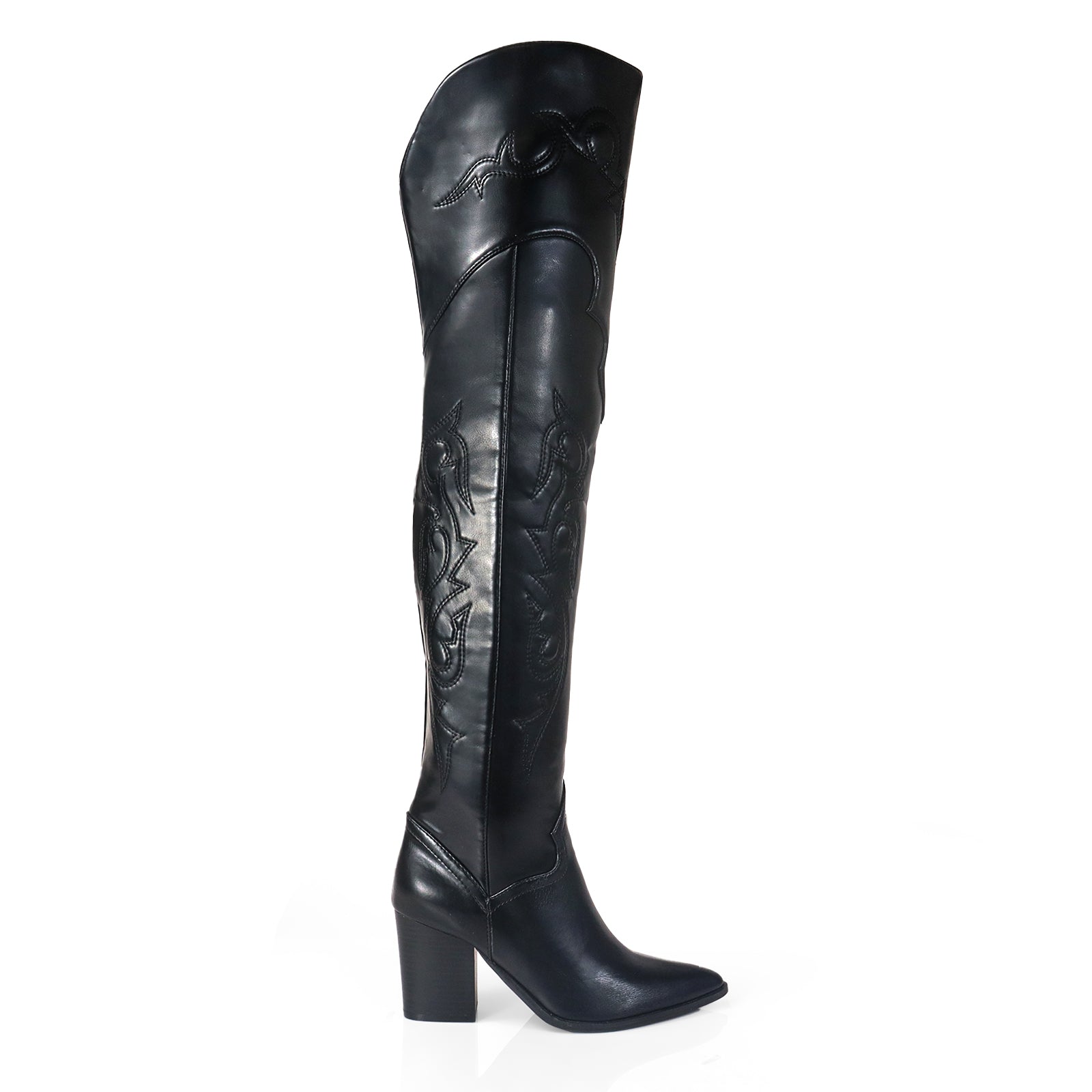 CORY-2 POINTED TOE OVERKNEE HIGH COWBOY BOOT W/ CHUNCKY BLACK