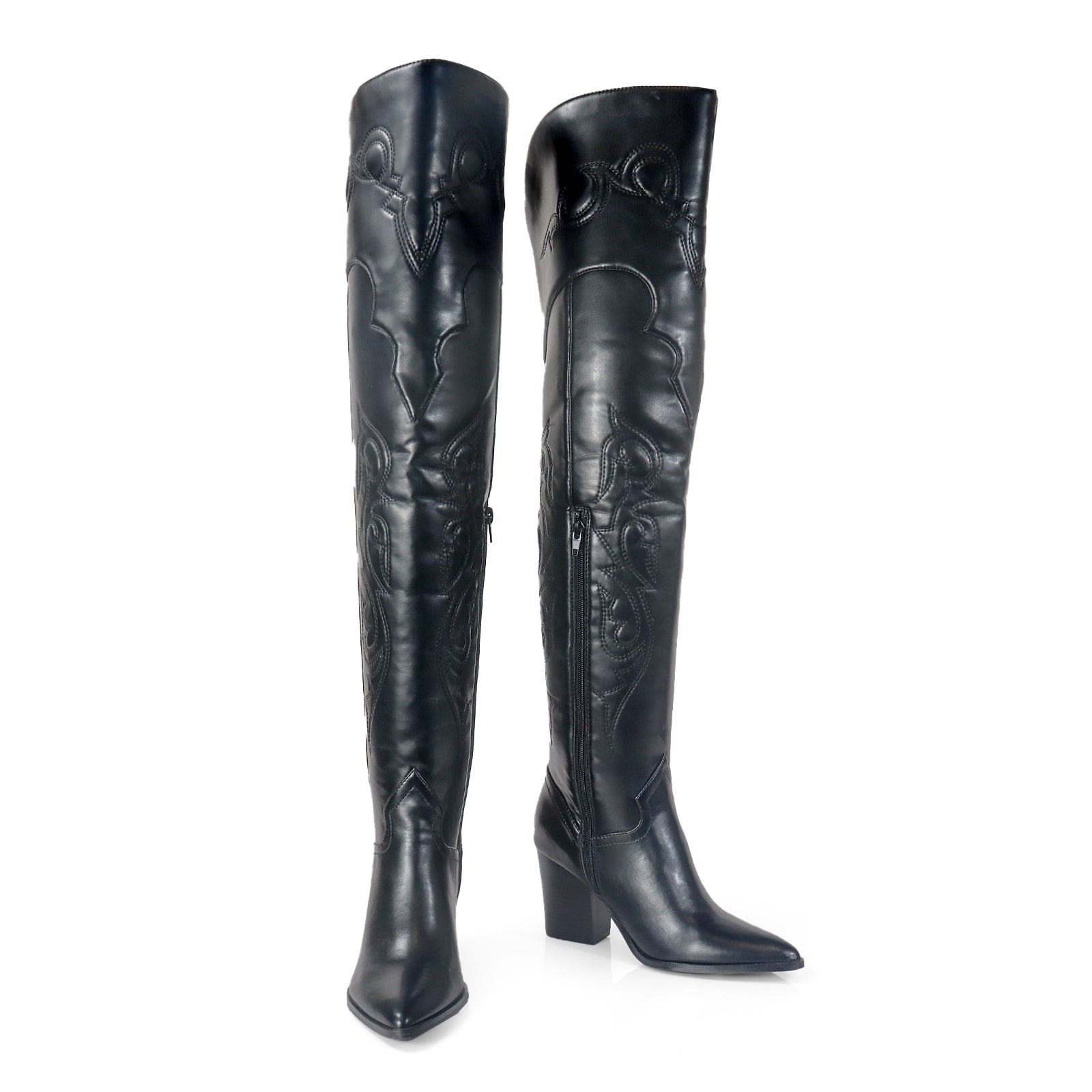 CORY-2 POINTED TOE OVERKNEE HIGH COWBOY BOOT W/ CHUNCKY BLACK