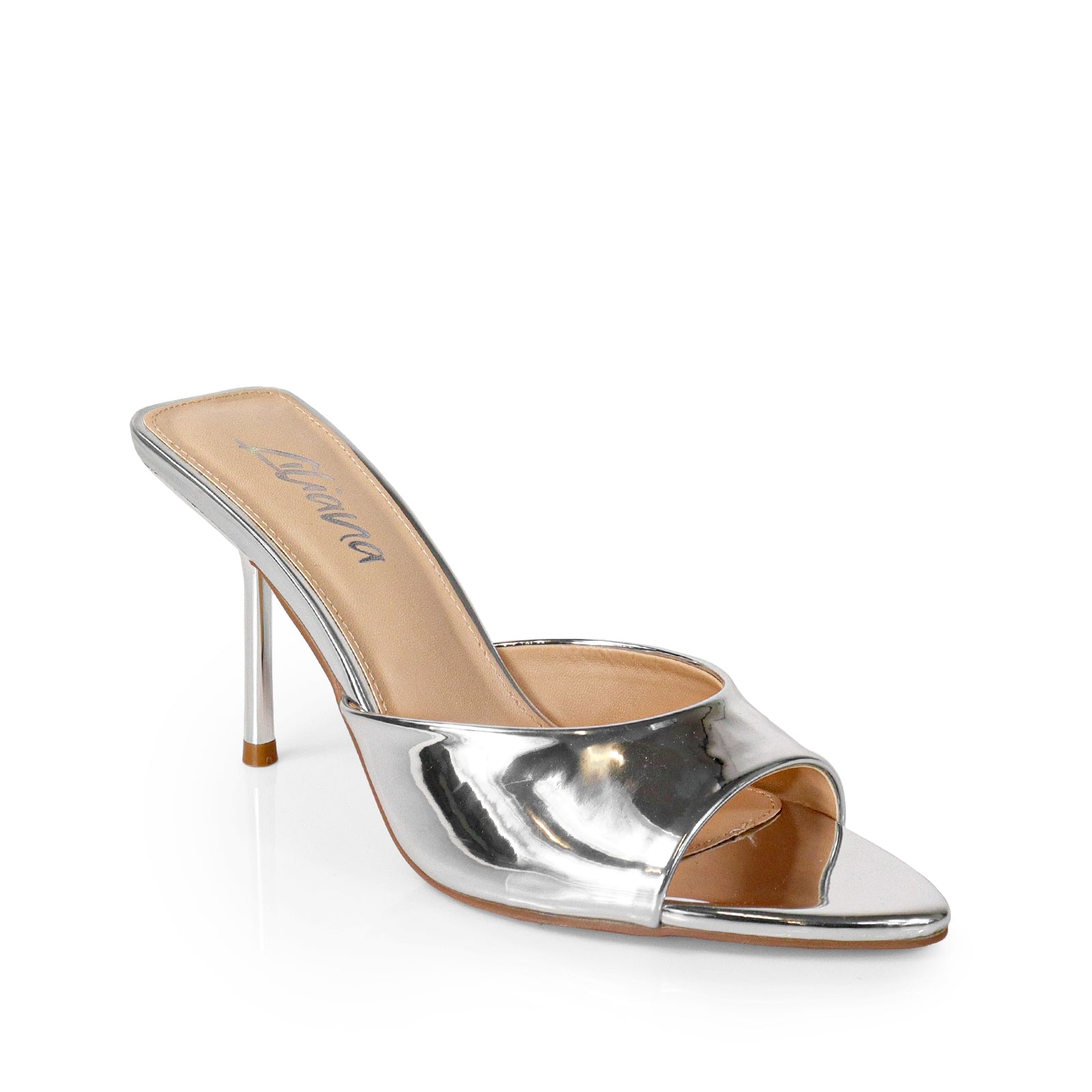 CYNTHIA-4 PEEP TOE MULE W/STILETTO HEEL SILVER