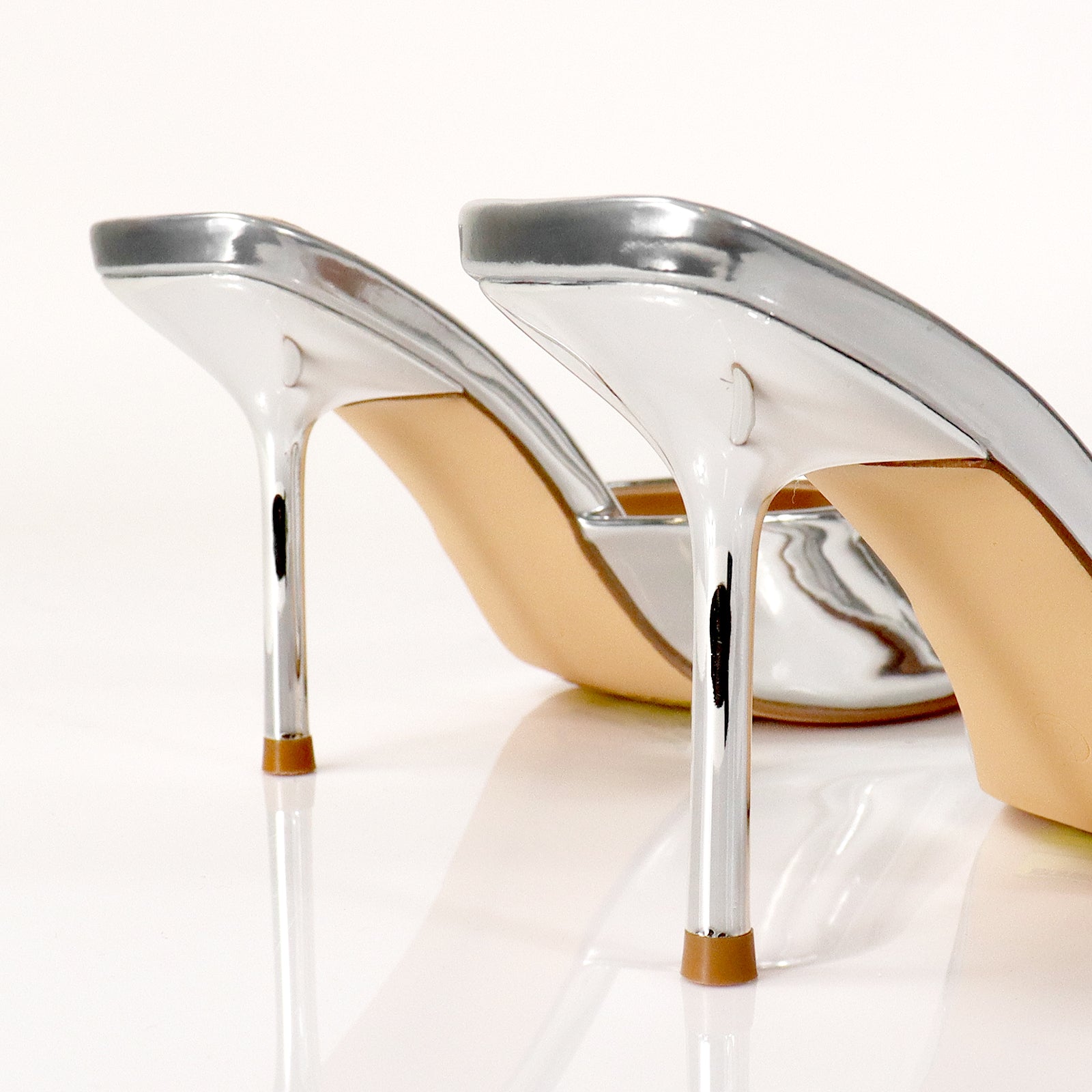 CYNTHIA-4 PEEP TOE MULE W/STILETTO HEEL SILVER