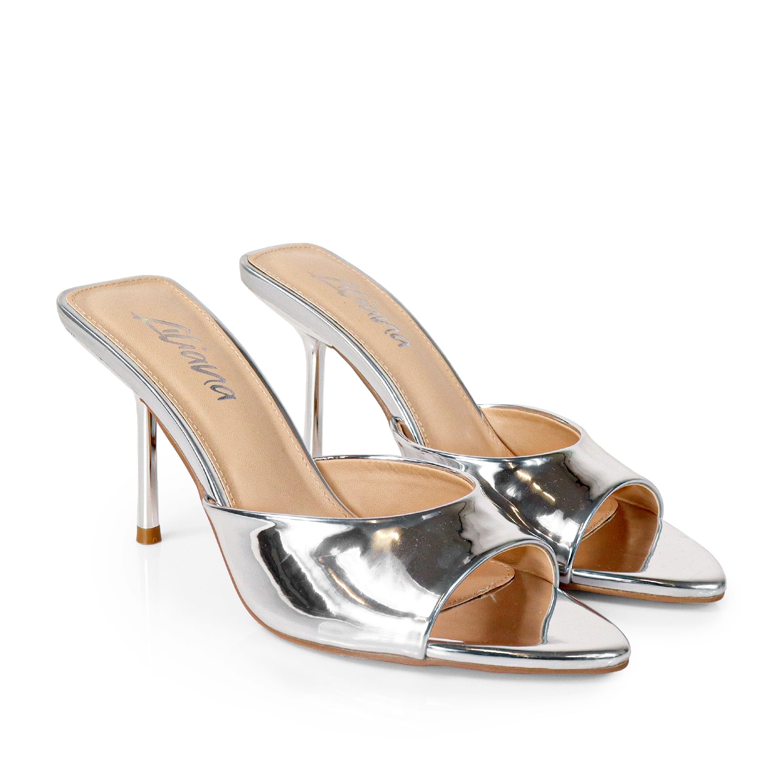 CYNTHIA-4 PEEP TOE MULE W/STILETTO HEEL SILVER
