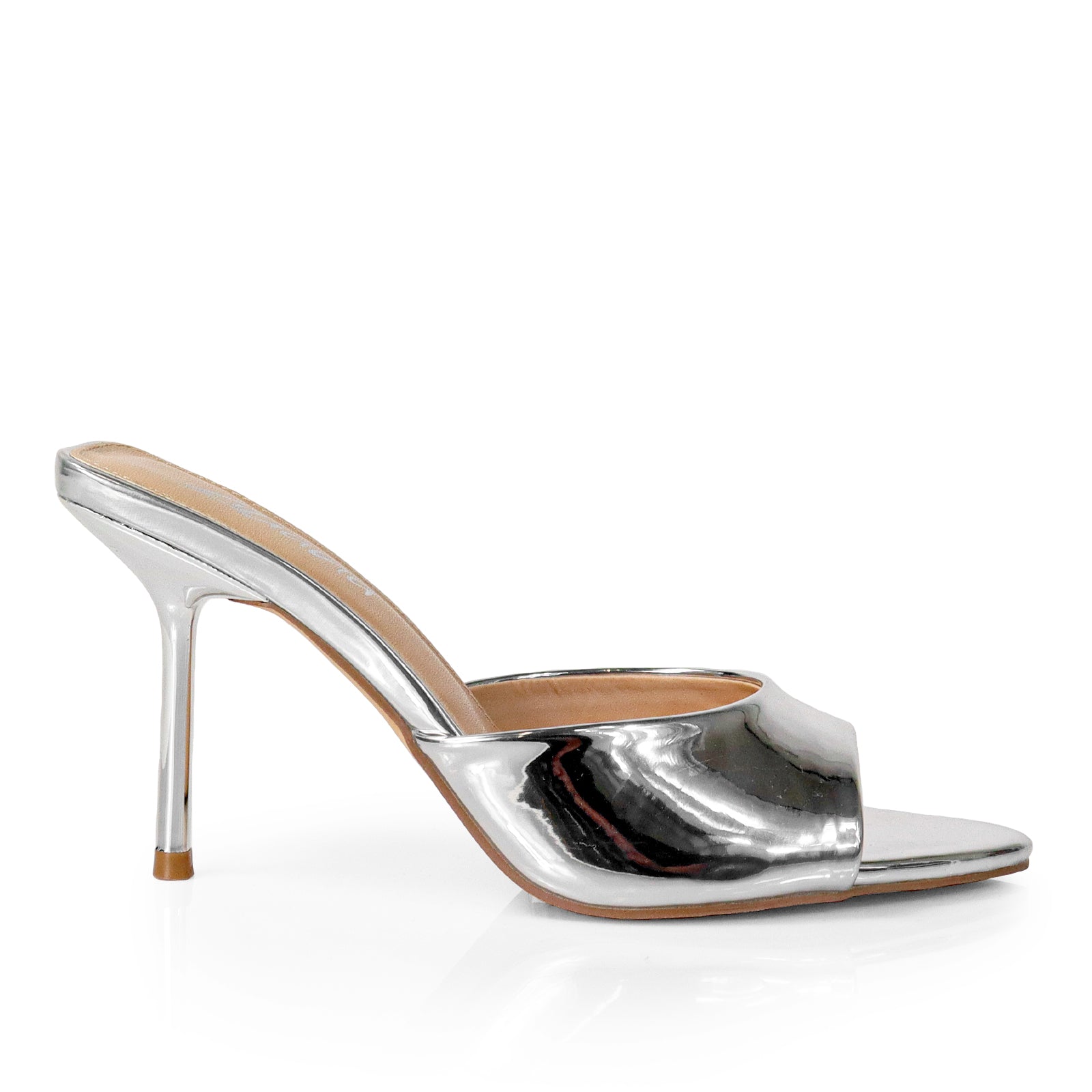 CYNTHIA-4 PEEP TOE MULE W/STILETTO HEEL SILVER