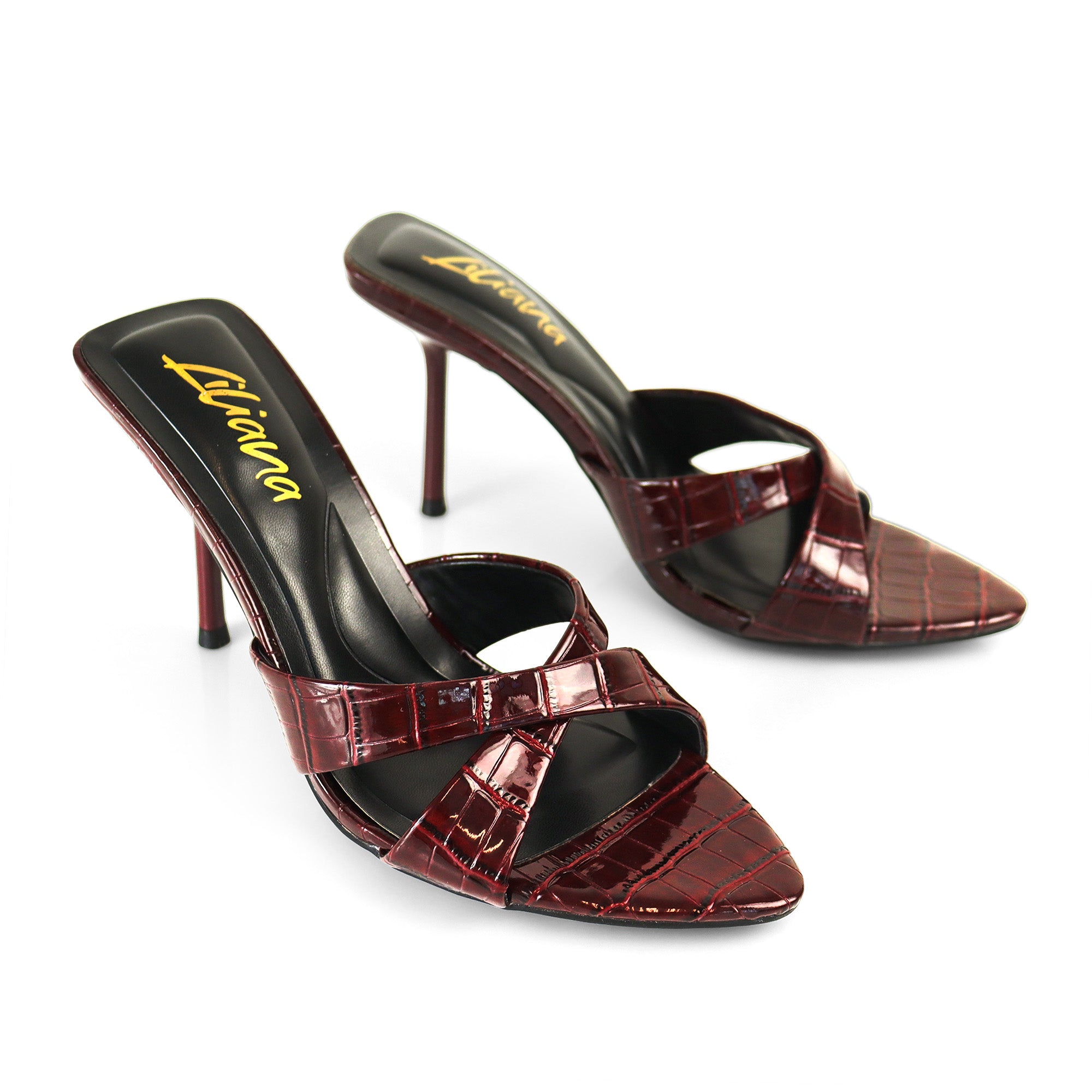 CYNTHIA-8 POINTY TOE CRISS-CROSS MULE HEEL BURGUNDY CROC