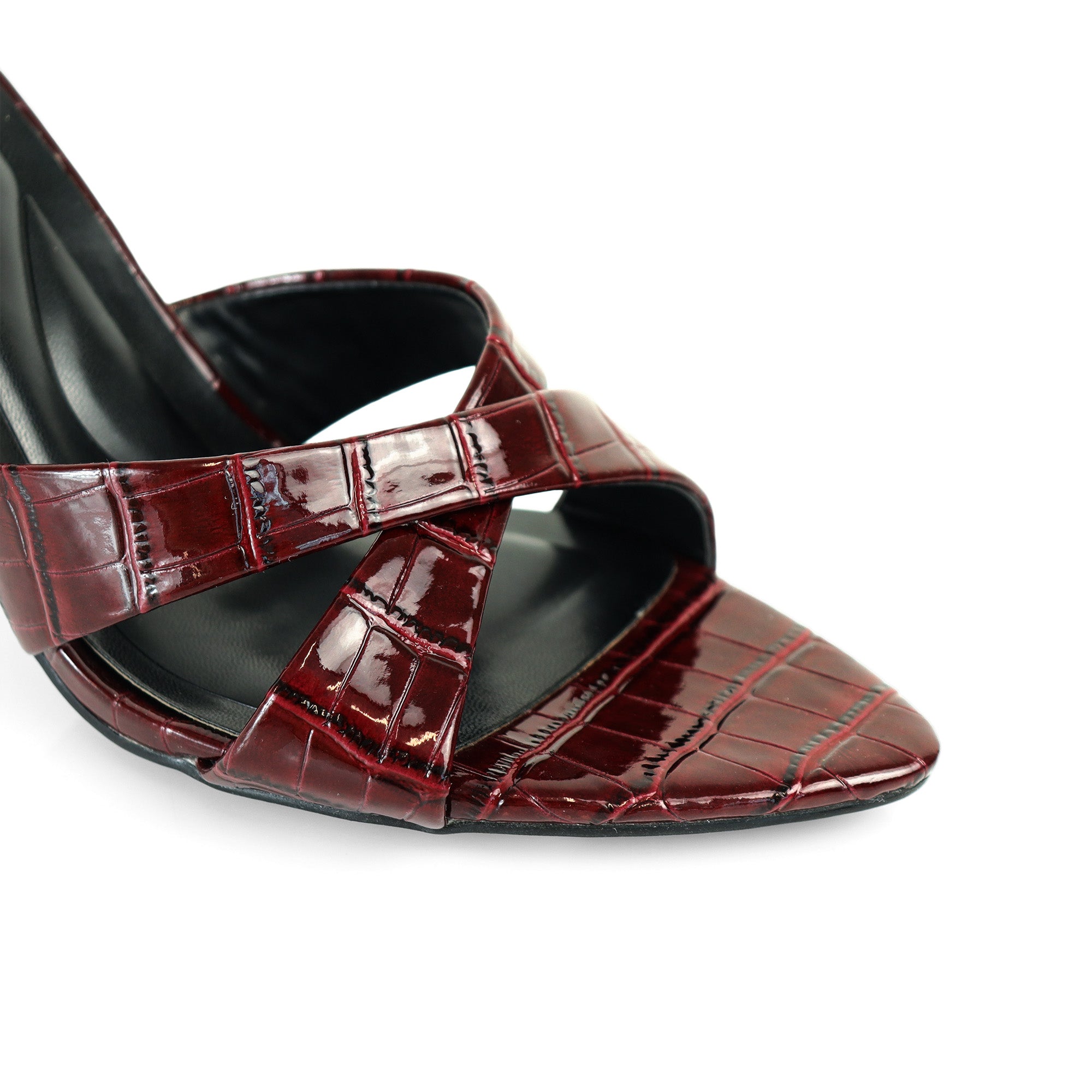 CYNTHIA-8 POINTY TOE CRISS-CROSS MULE HEEL BURGUNDY CROC